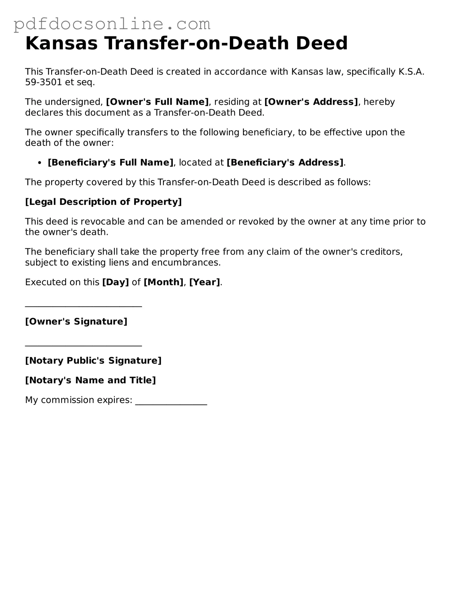 Attorney-Verified  Transfer-on-Death Deed Form for Kansas