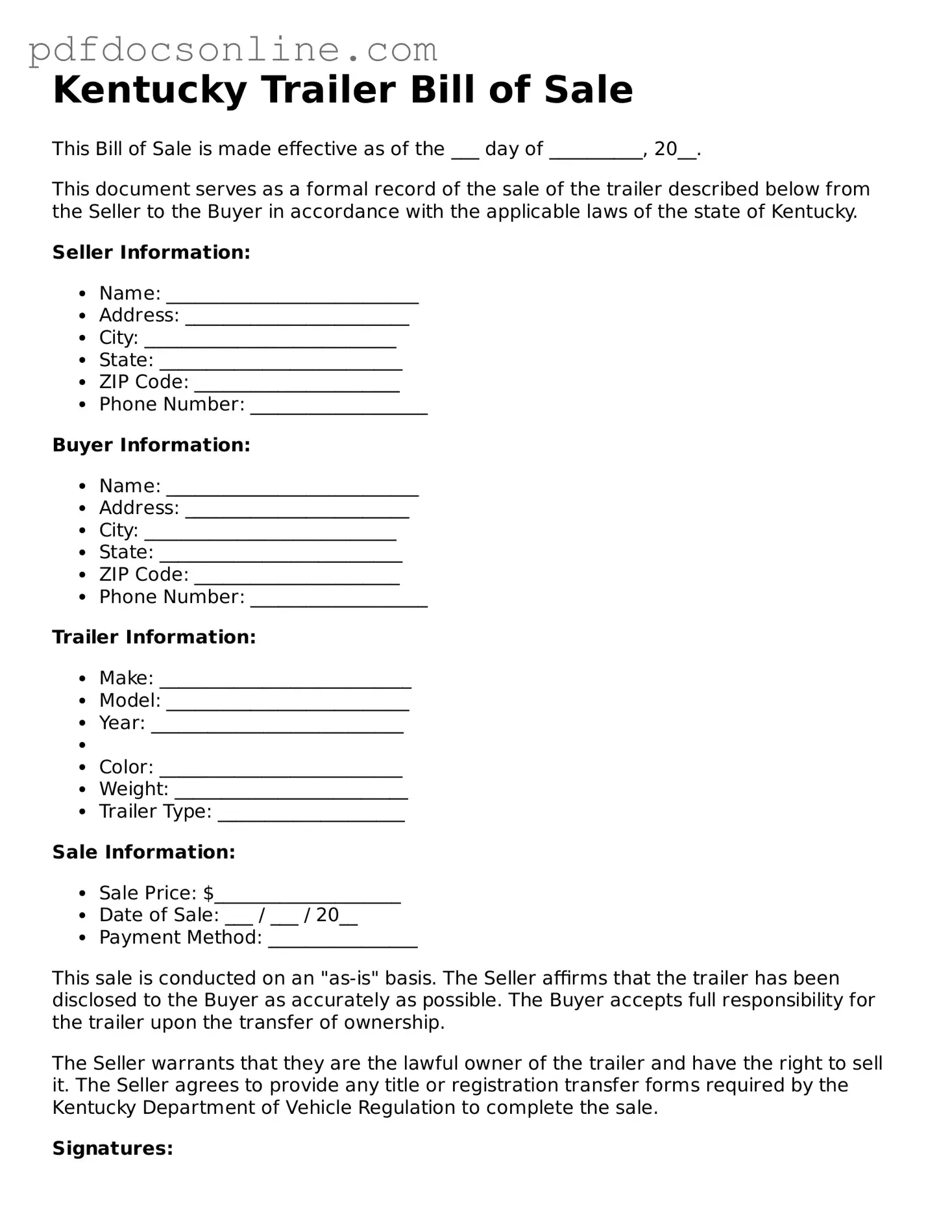 Attorney-Verified  Trailer Bill of Sale Form for Kentucky