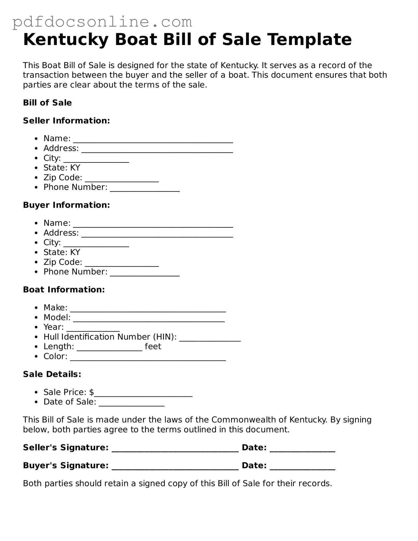 Attorney-Verified  Boat Bill of Sale Form for Kentucky