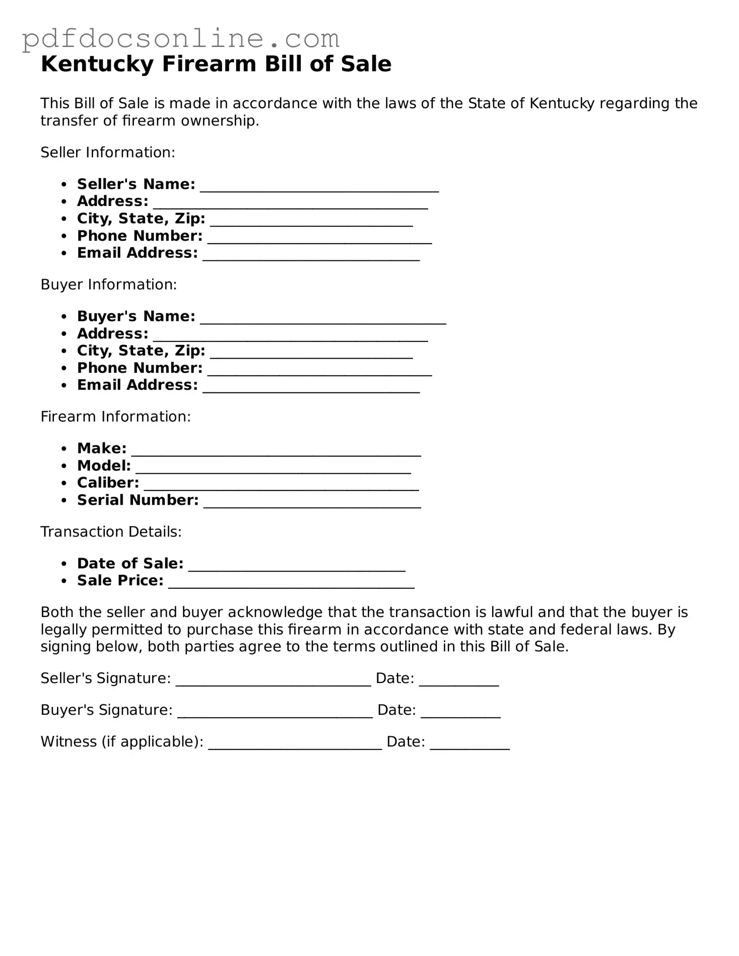 Attorney-Verified  Firearm Bill of Sale Form for Kentucky