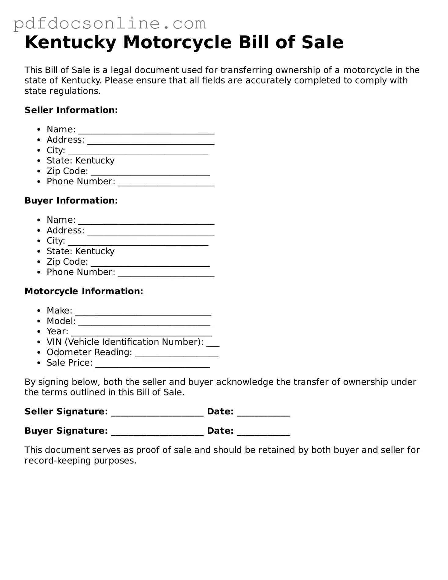 Attorney-Verified  Motorcycle Bill of Sale Form for Kentucky