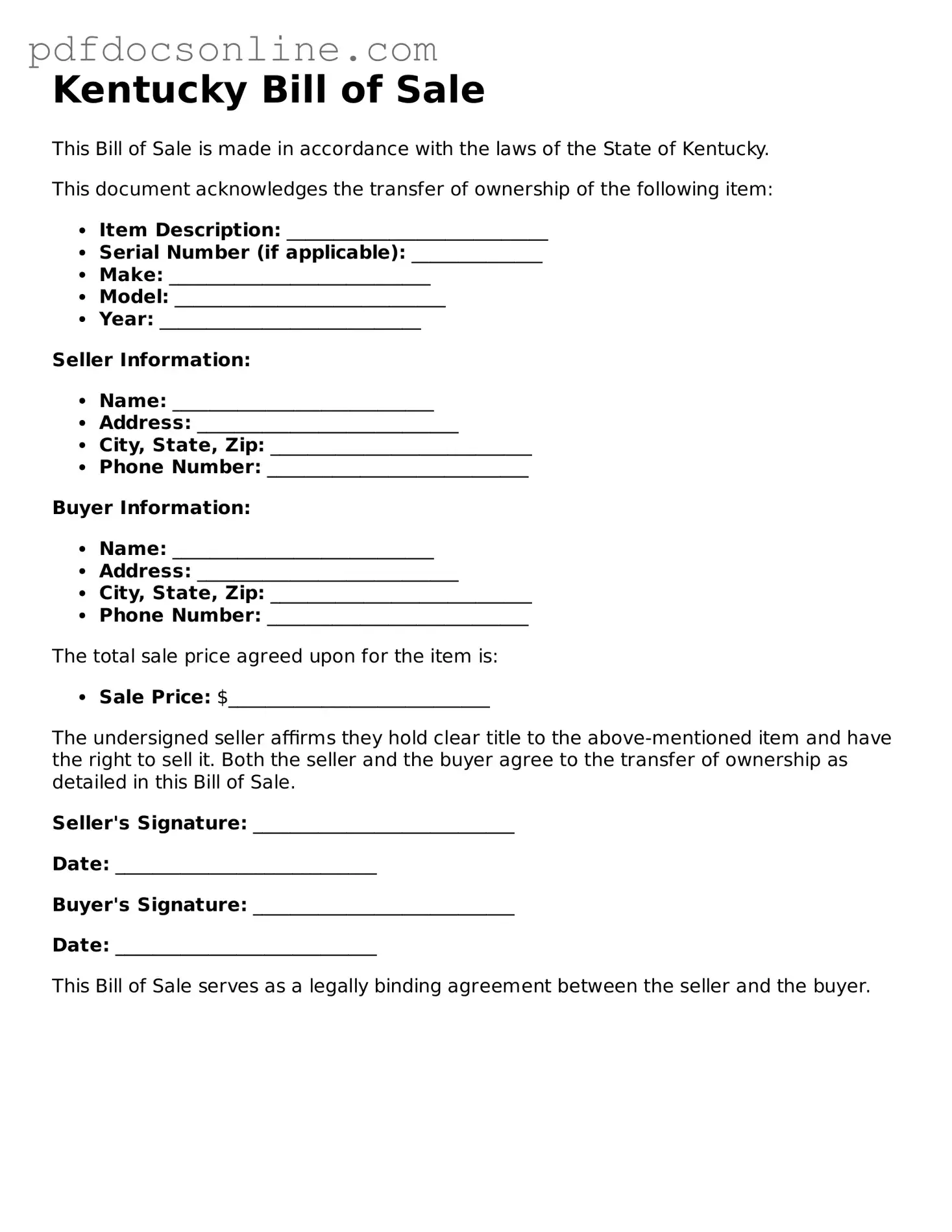 Attorney-Verified  Bill of Sale Form for Kentucky