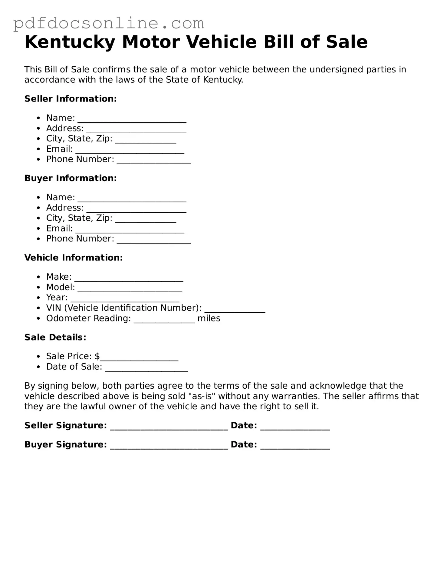 Attorney-Verified  Motor Vehicle Bill of Sale Form for Kentucky