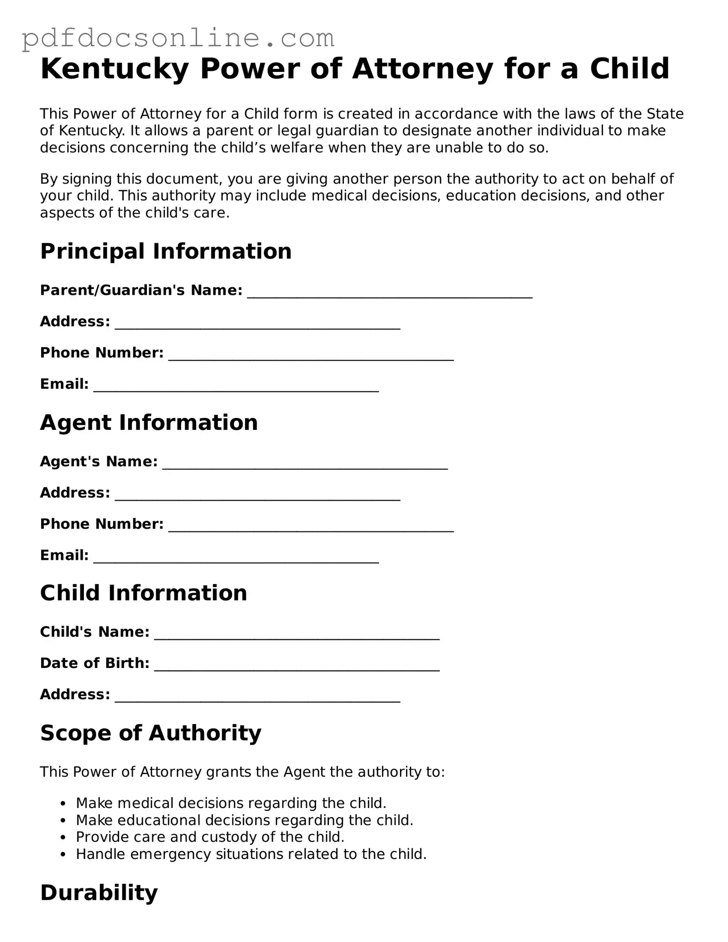 Attorney-Verified  Power of Attorney for a Child Form for Kentucky