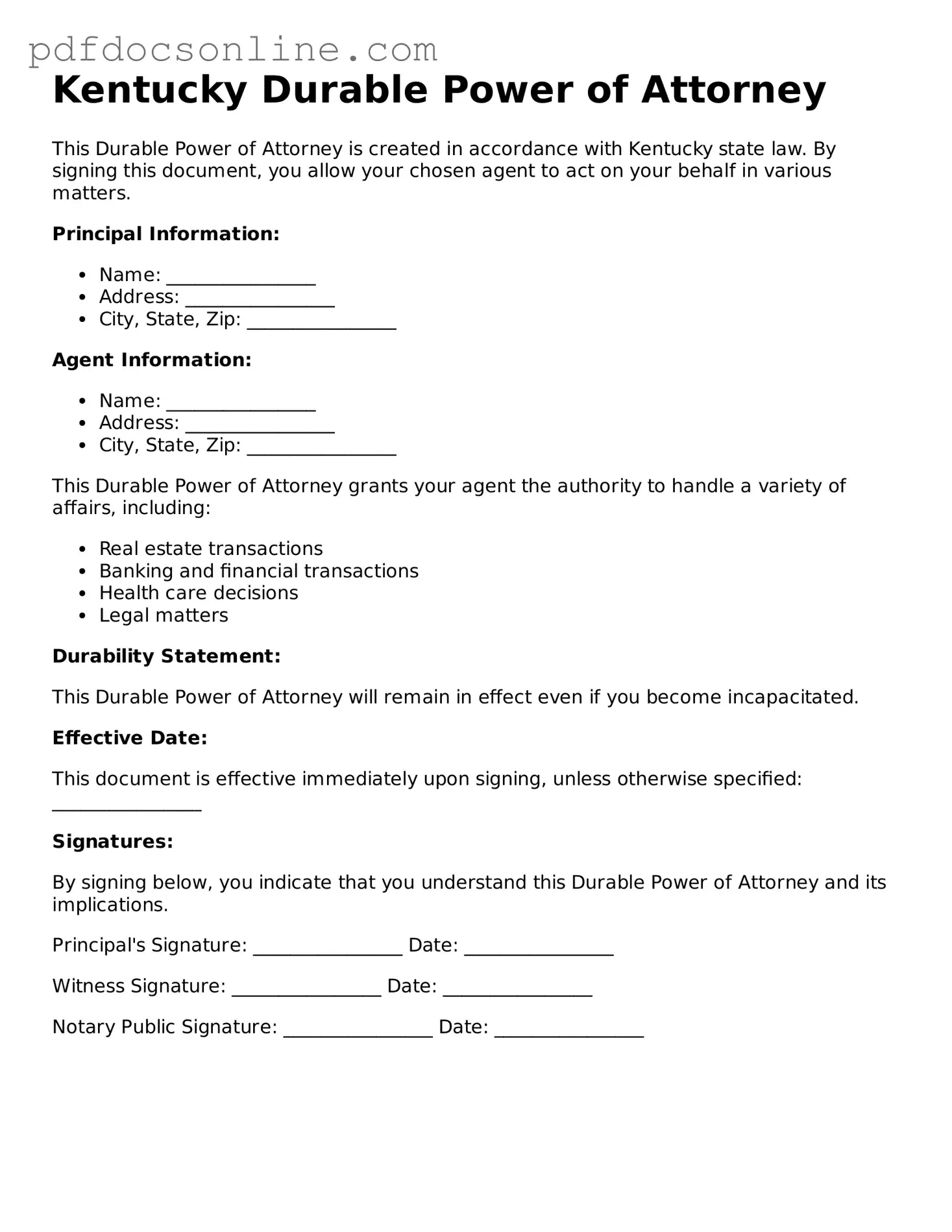 Attorney-Verified  Durable Power of Attorney Form for Kentucky