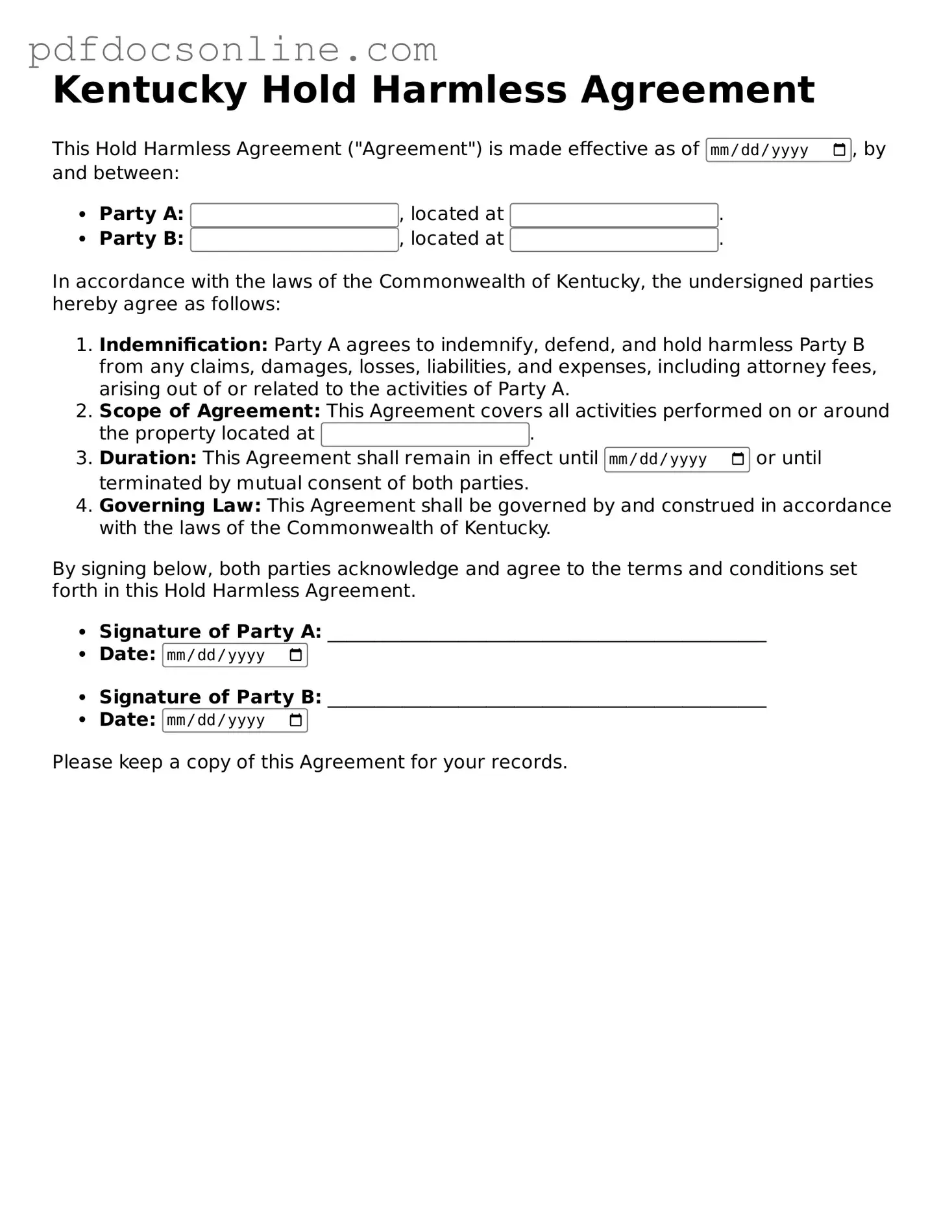 Attorney-Verified  Hold Harmless Agreement Form for Kentucky