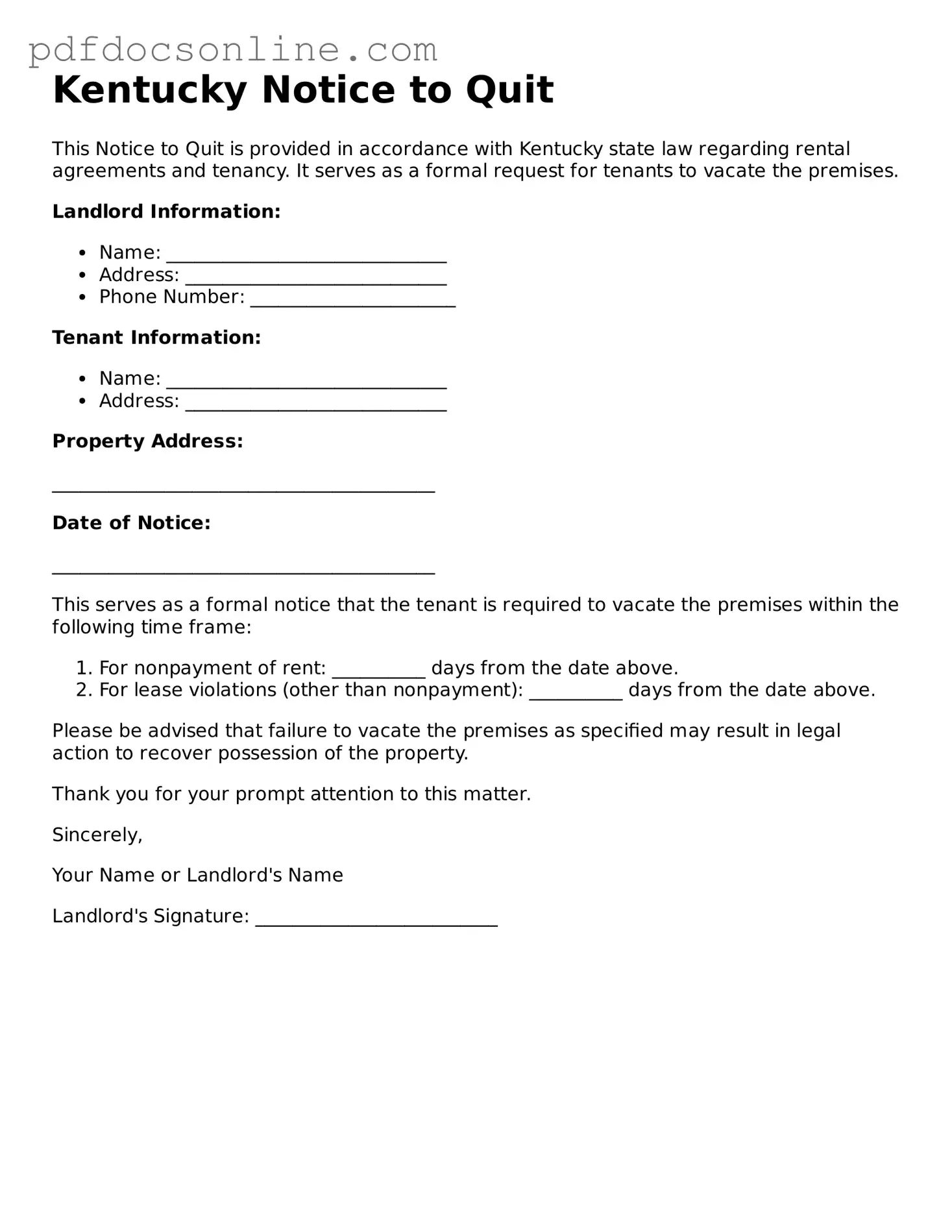 Attorney-Verified  Notice to Quit Form for Kentucky