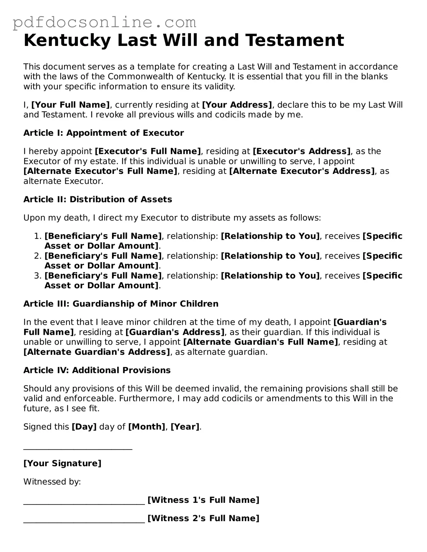 Attorney-Verified  Last Will and Testament Form for Kentucky