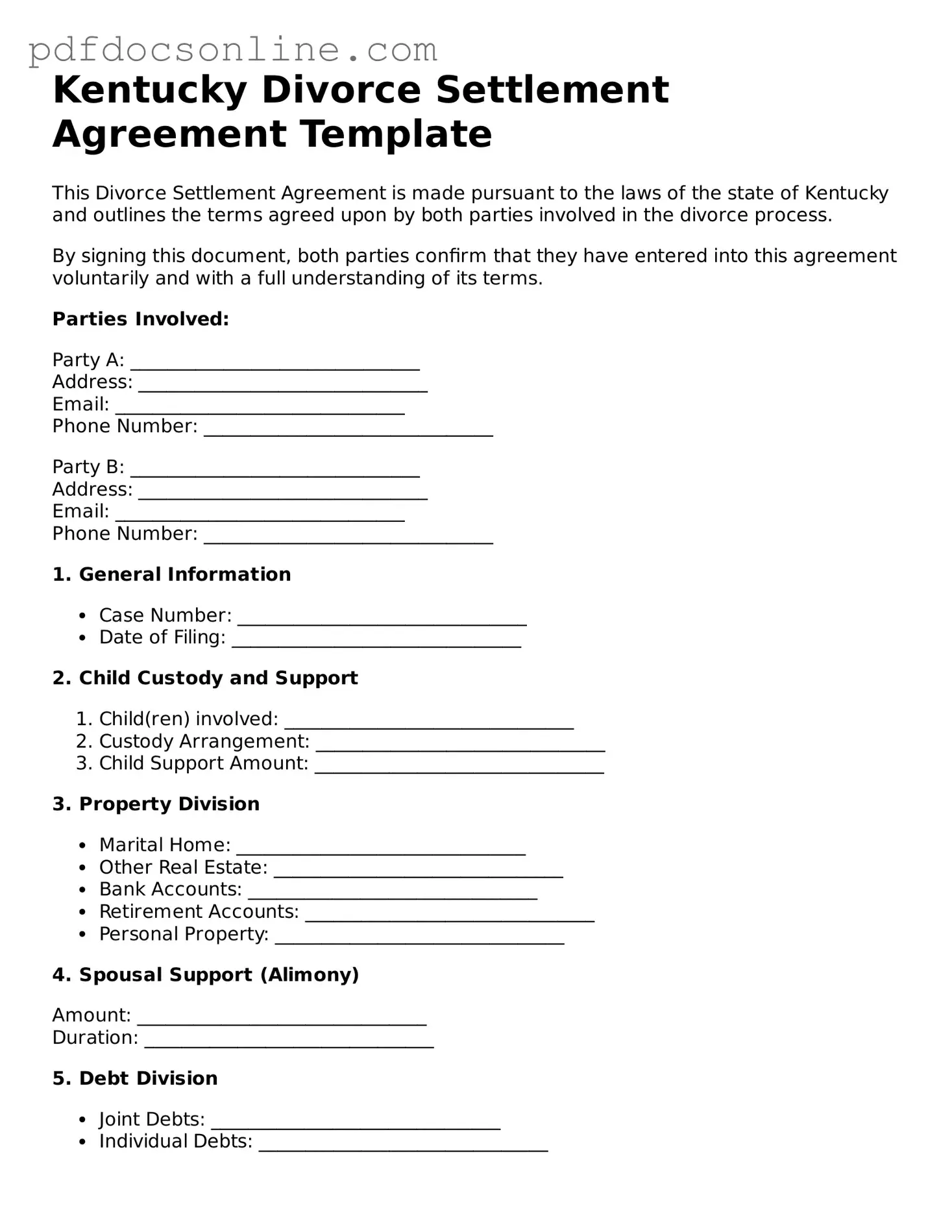 Attorney-Verified  Divorce Settlement Agreement Form for Kentucky