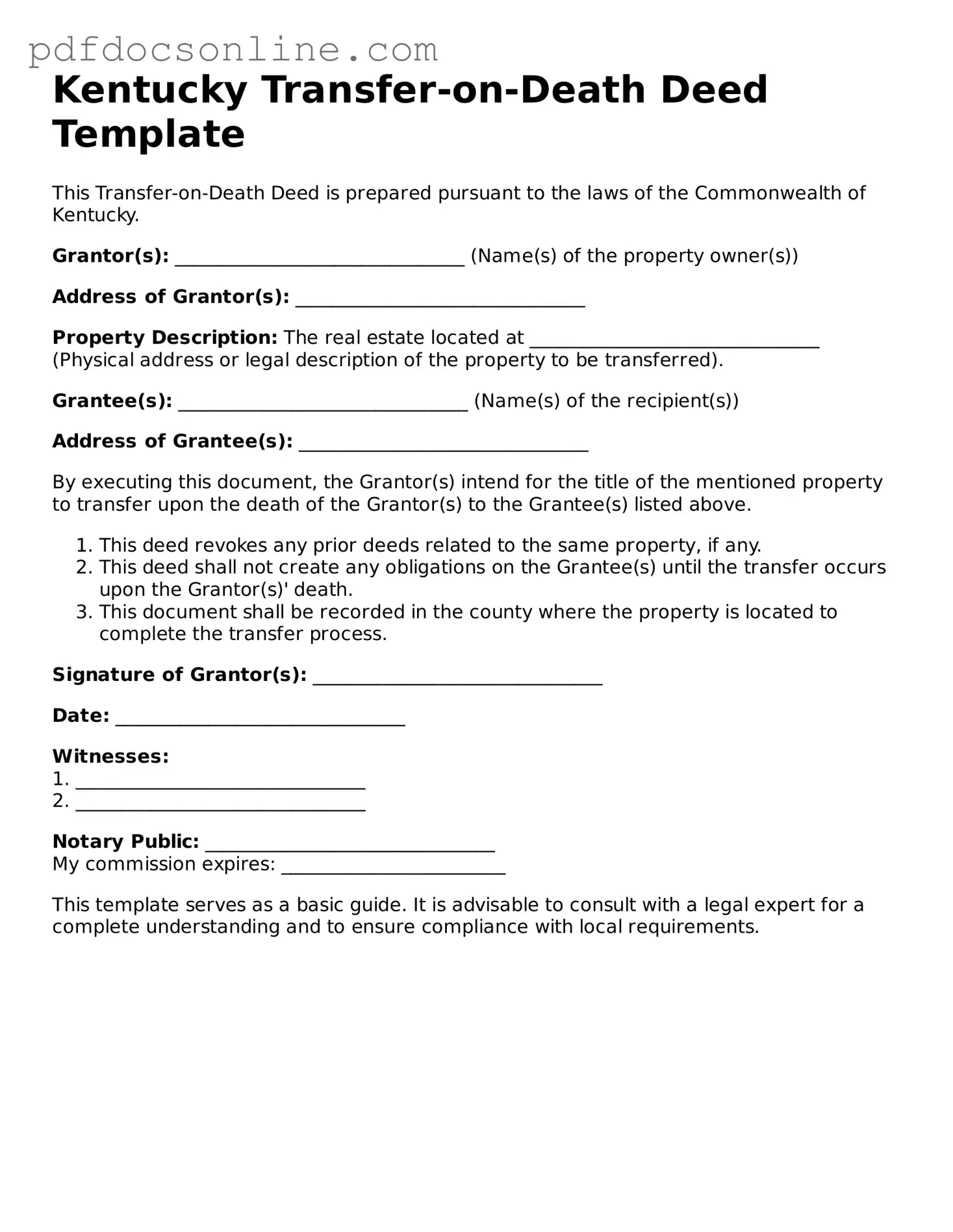 Attorney-Verified  Transfer-on-Death Deed Form for Kentucky