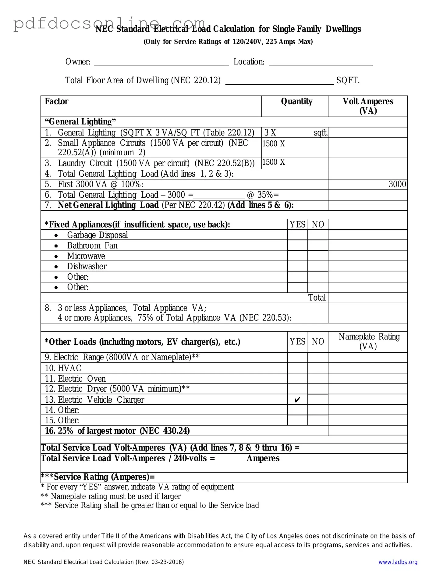 Fillable LADBS NEC Standard Electrical Load Calculation Form