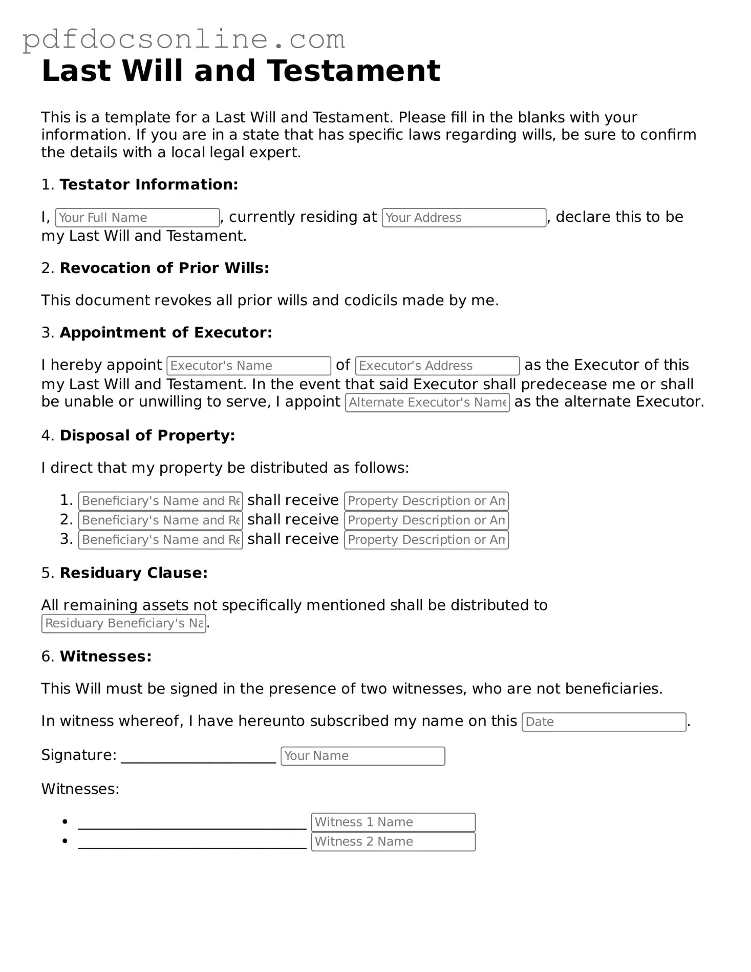 Free Last Will and Testament Template