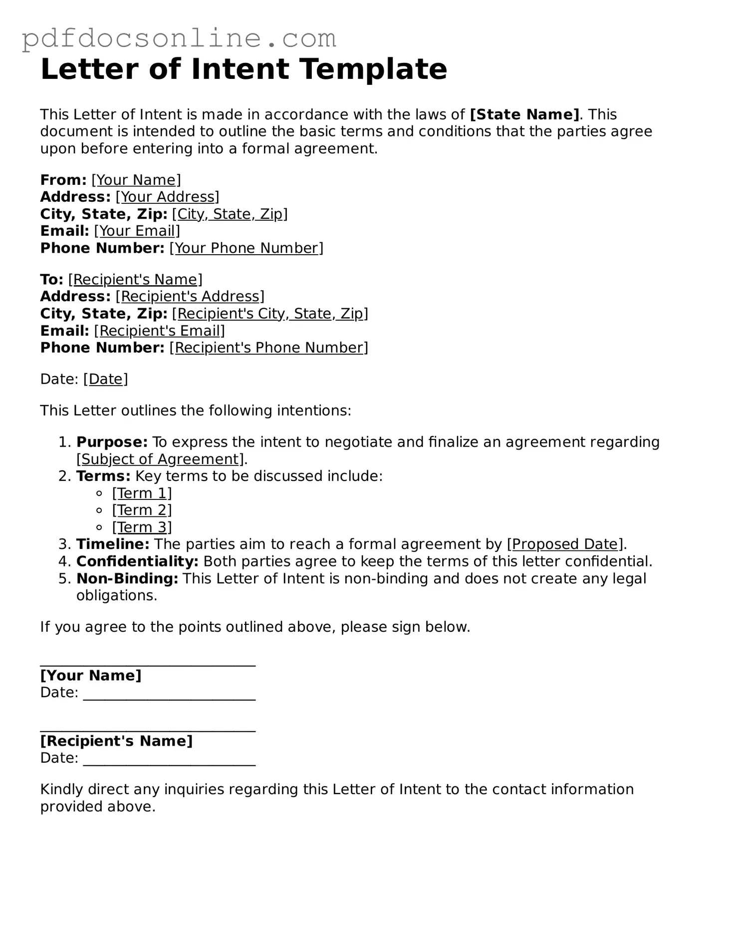 Free Letter of Intent Template