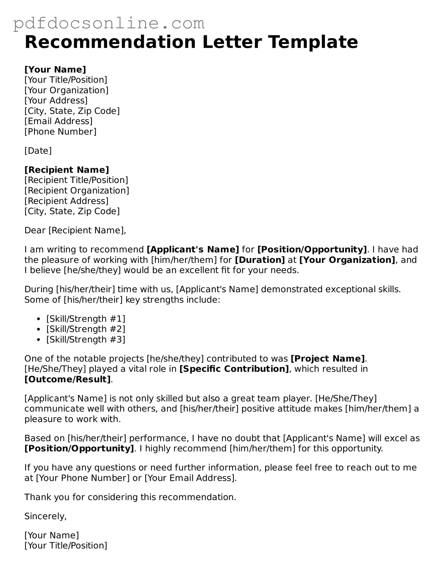 Free Recommendation Letter Template