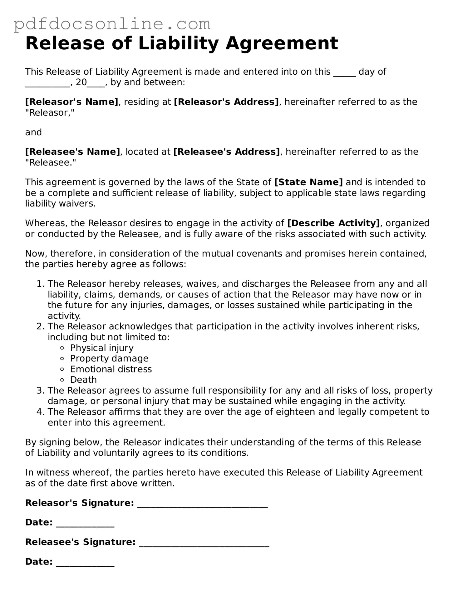 Free Release of Liability Template