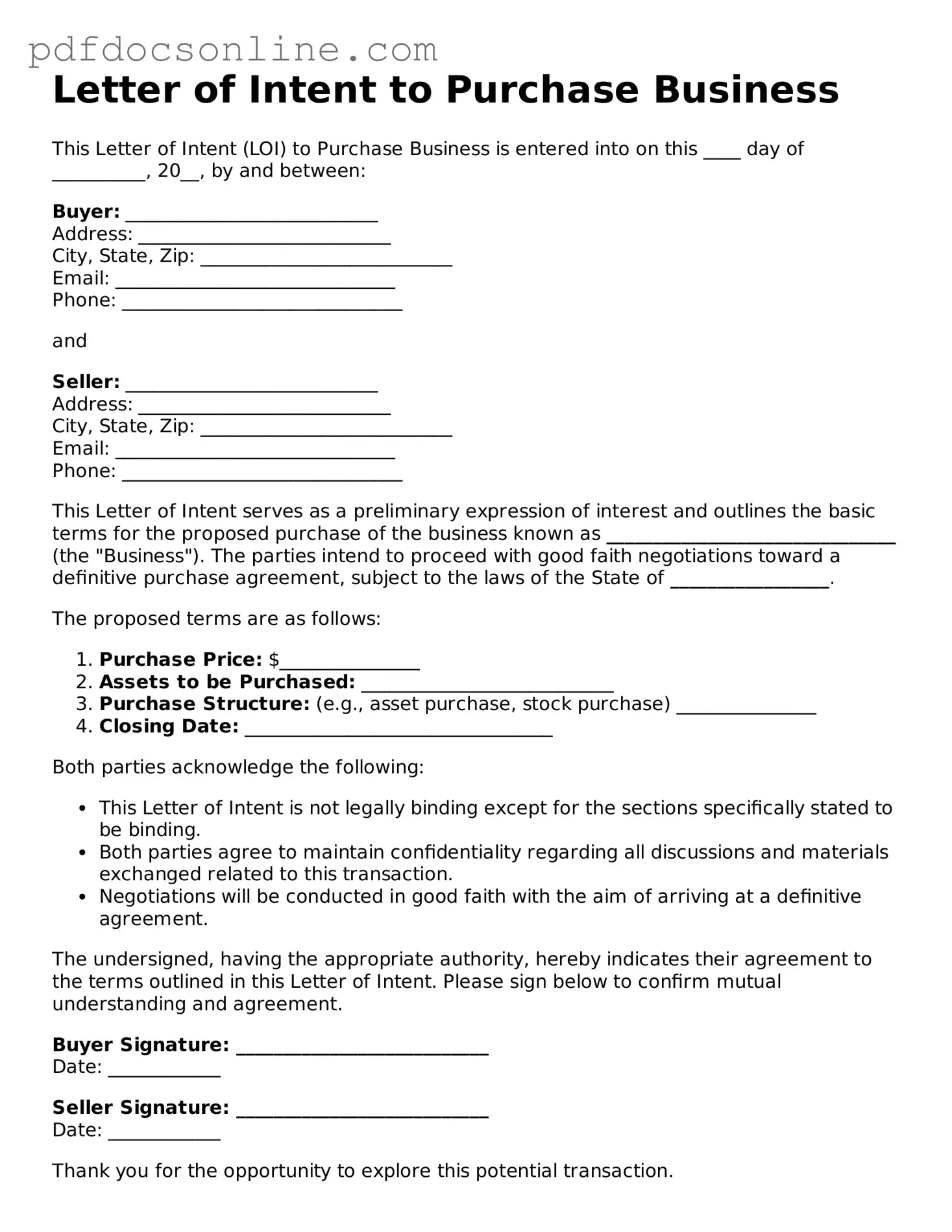 Free Letter of Intent to Purchase Business Template