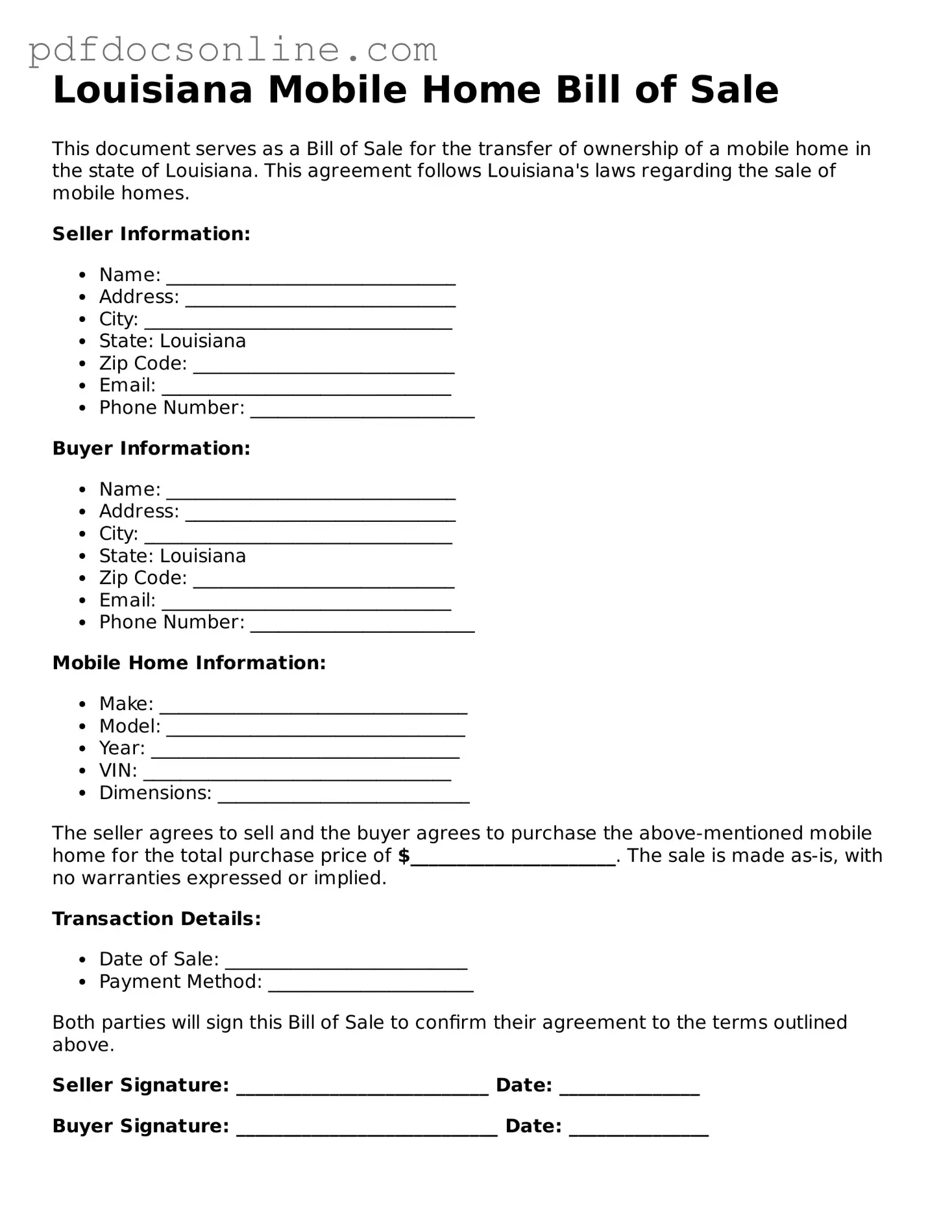 Attorney-Verified  Mobile Home Bill of Sale Form for Louisiana