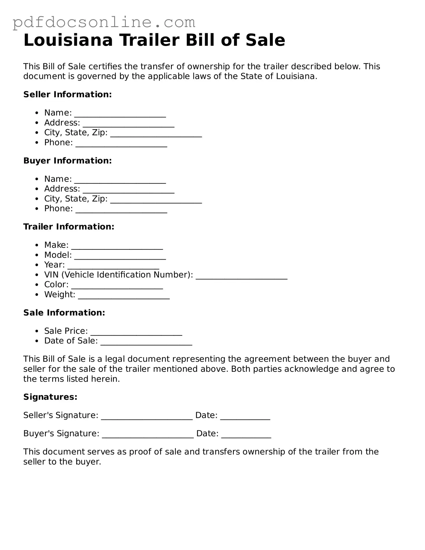Attorney-Verified  Trailer Bill of Sale Form for Louisiana