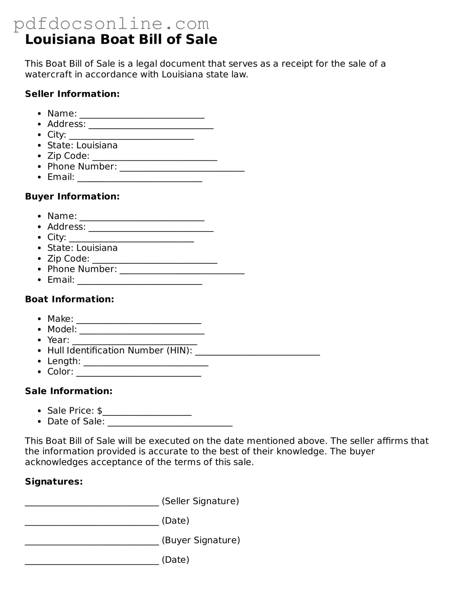 Attorney-Verified  Boat Bill of Sale Form for Louisiana