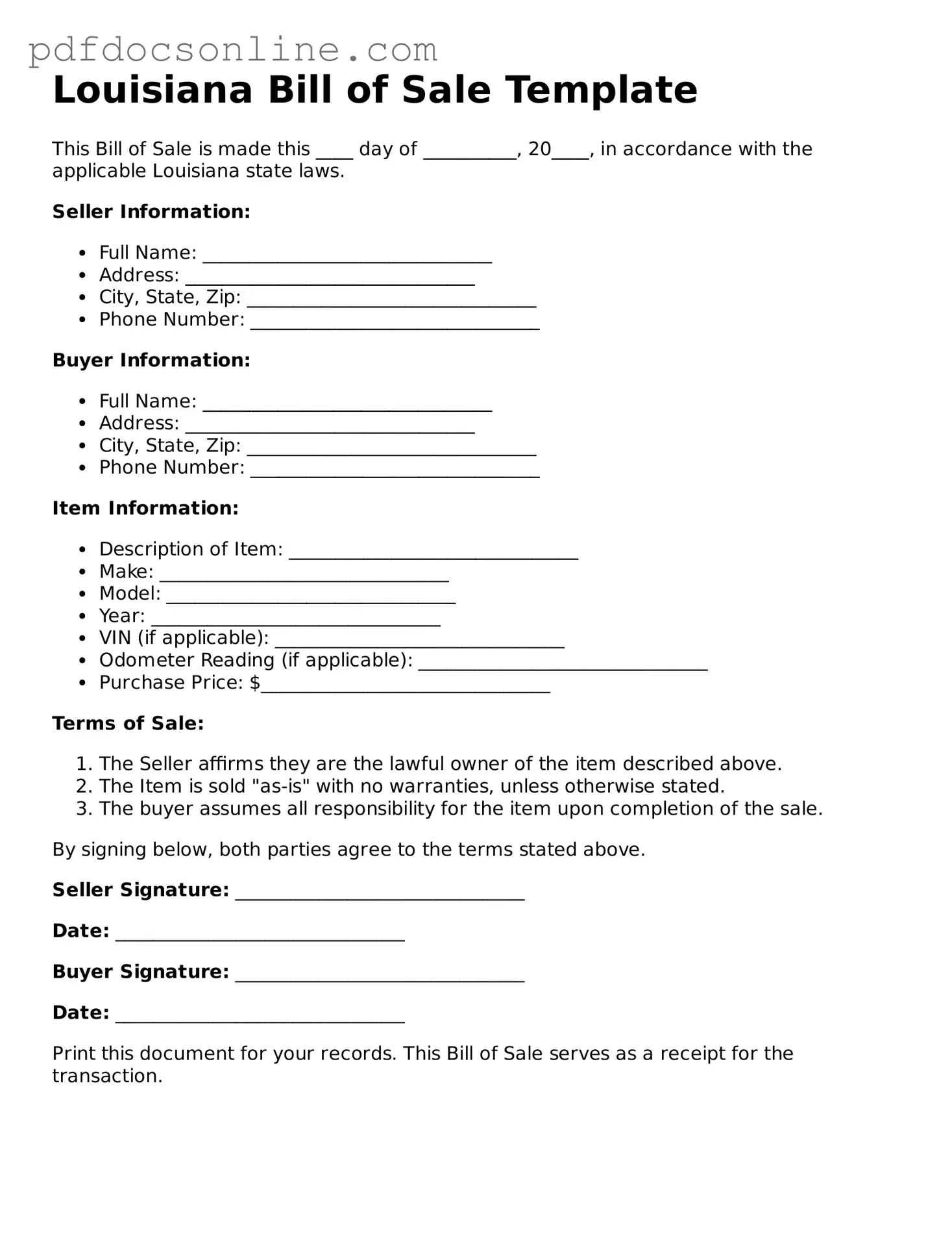 Attorney-Verified  Bill of Sale Form for Louisiana