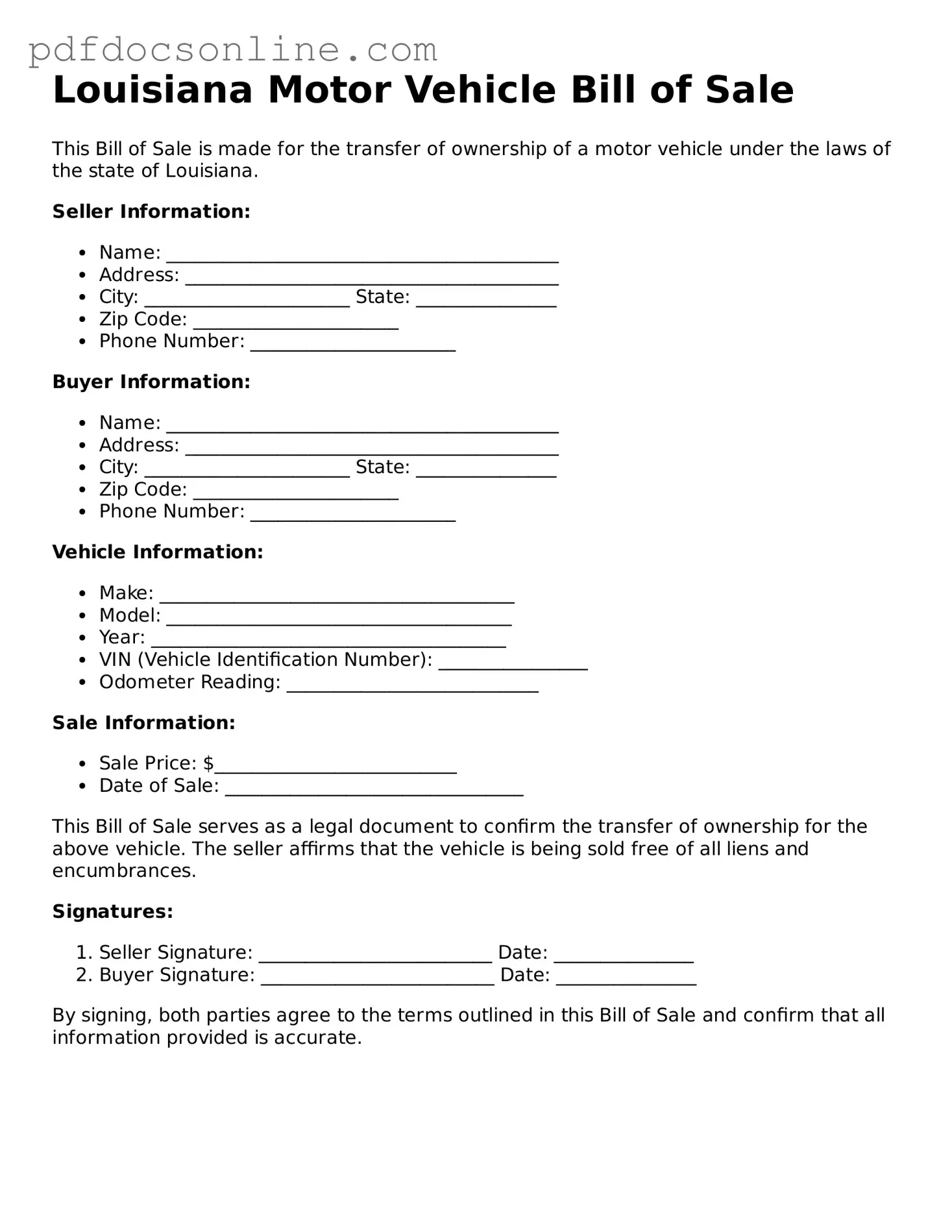 Attorney-Verified  Motor Vehicle Bill of Sale Form for Louisiana