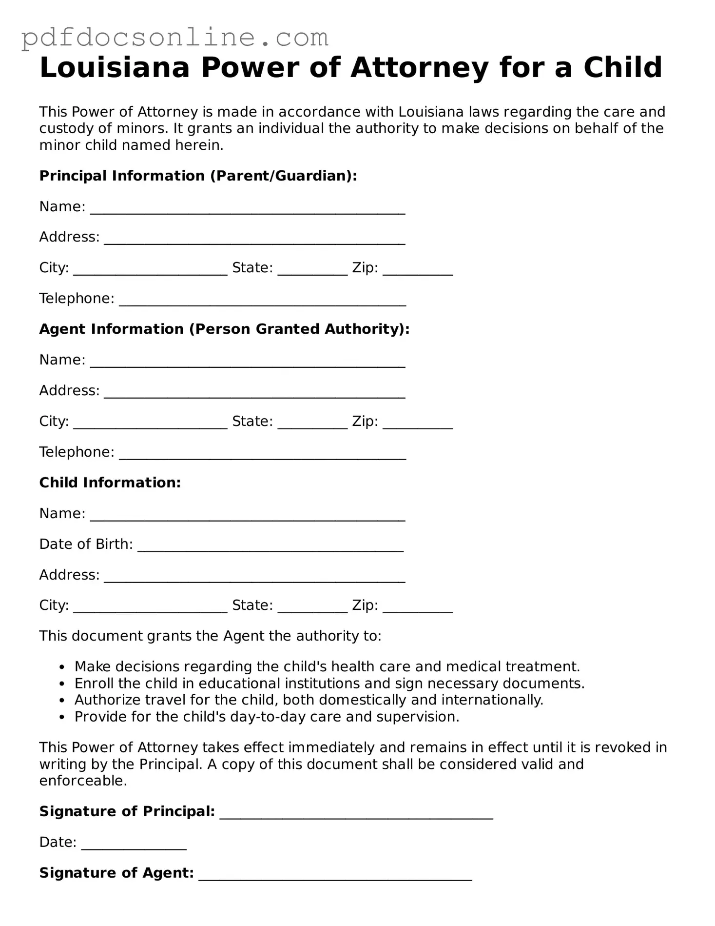 Attorney-Verified  Power of Attorney for a Child Form for Louisiana