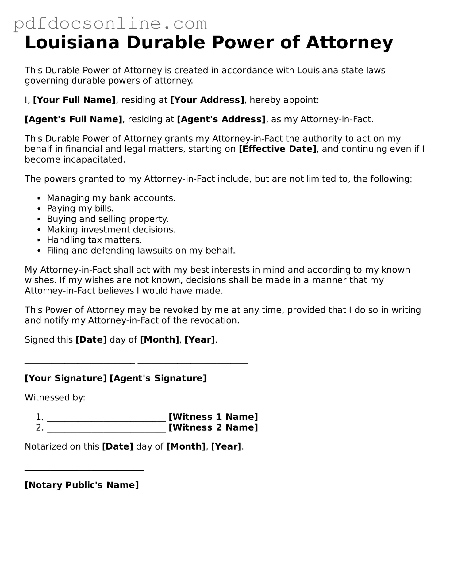Attorney-Verified  Durable Power of Attorney Form for Louisiana