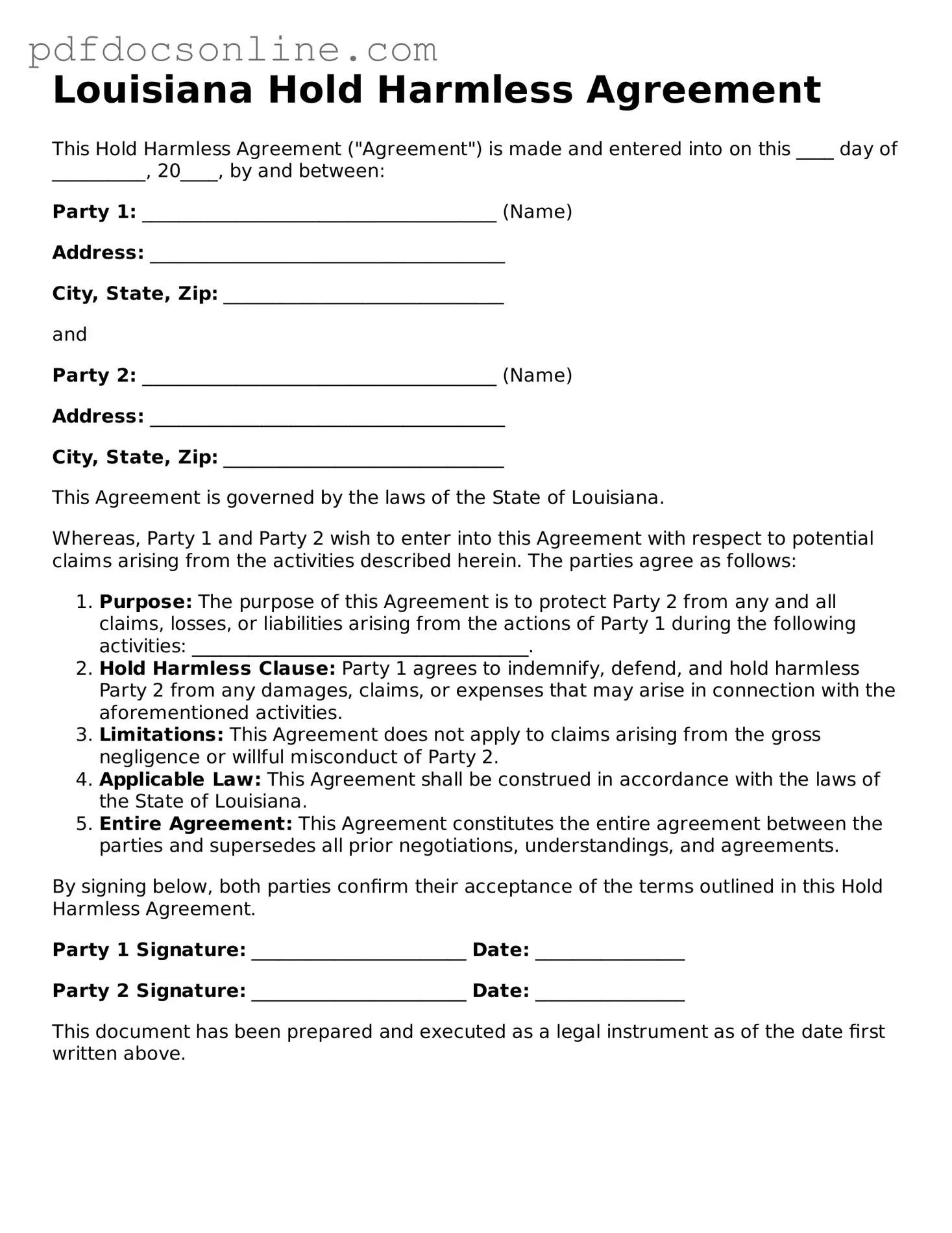 Attorney-Verified  Hold Harmless Agreement Form for Louisiana