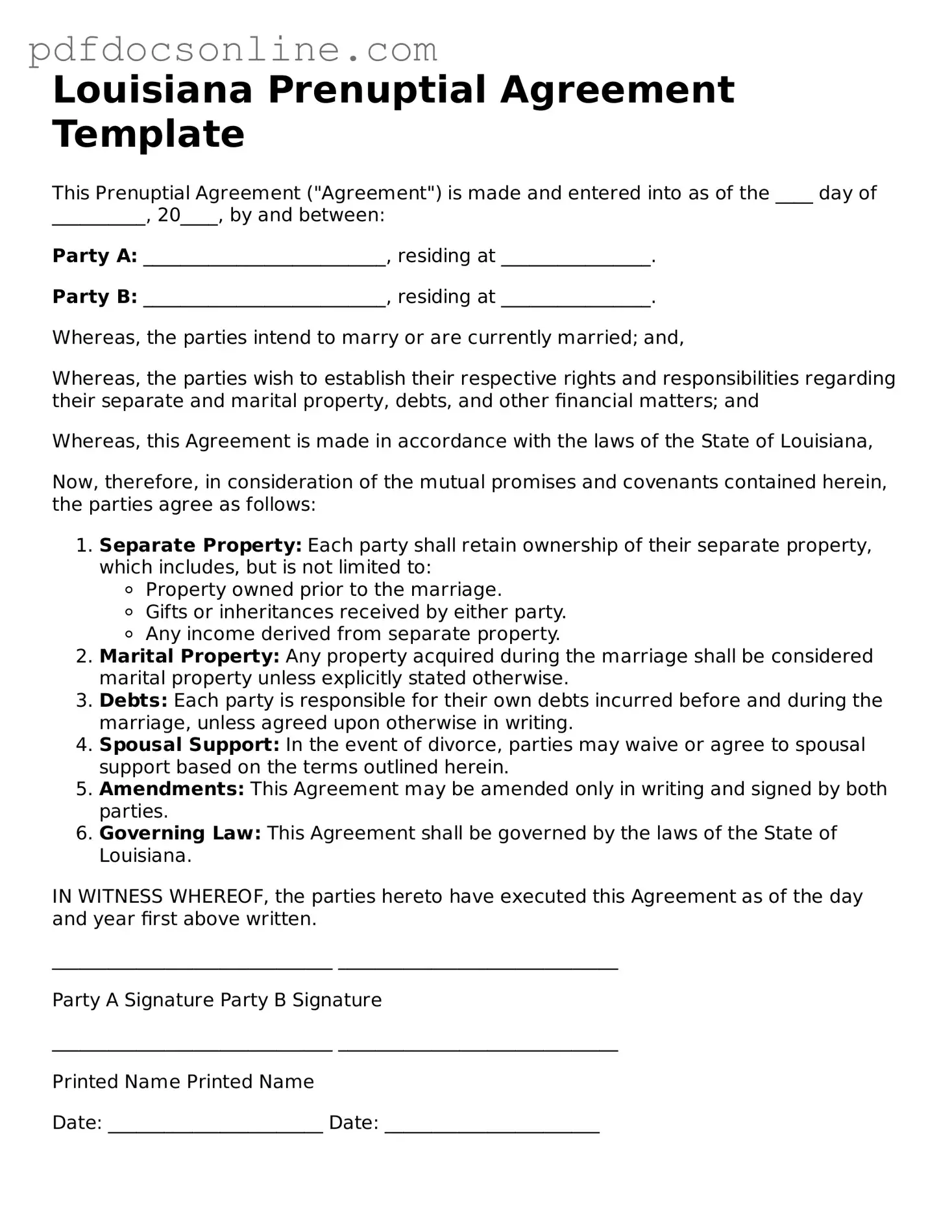 Attorney-Verified  Prenuptial Agreement Form for Louisiana