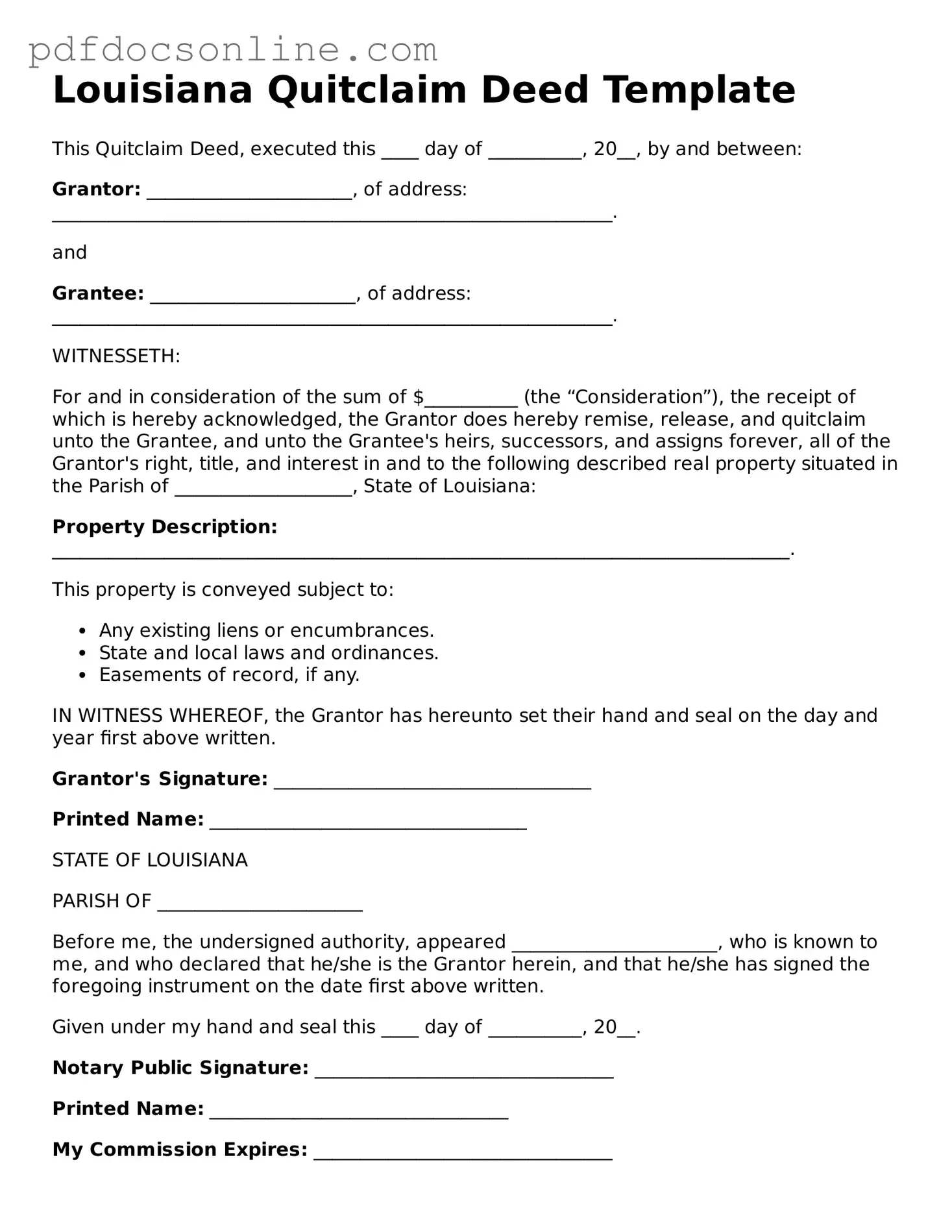 Attorney-Verified  Quitclaim Deed Form for Louisiana