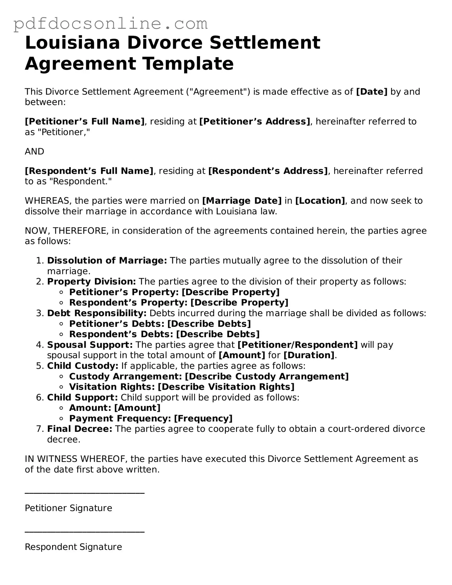 Attorney-Verified  Divorce Settlement Agreement Form for Louisiana