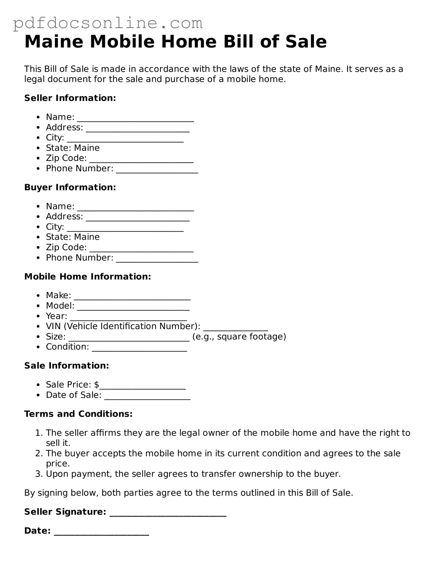 Attorney-Verified  Mobile Home Bill of Sale Form for Maine