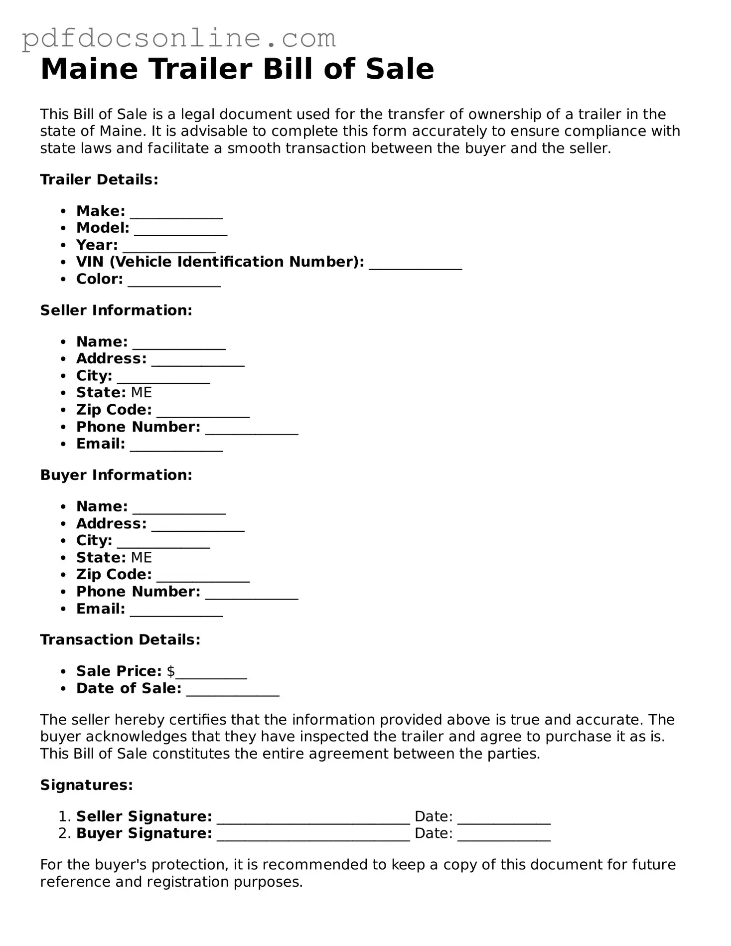 Attorney-Verified  Trailer Bill of Sale Form for Maine