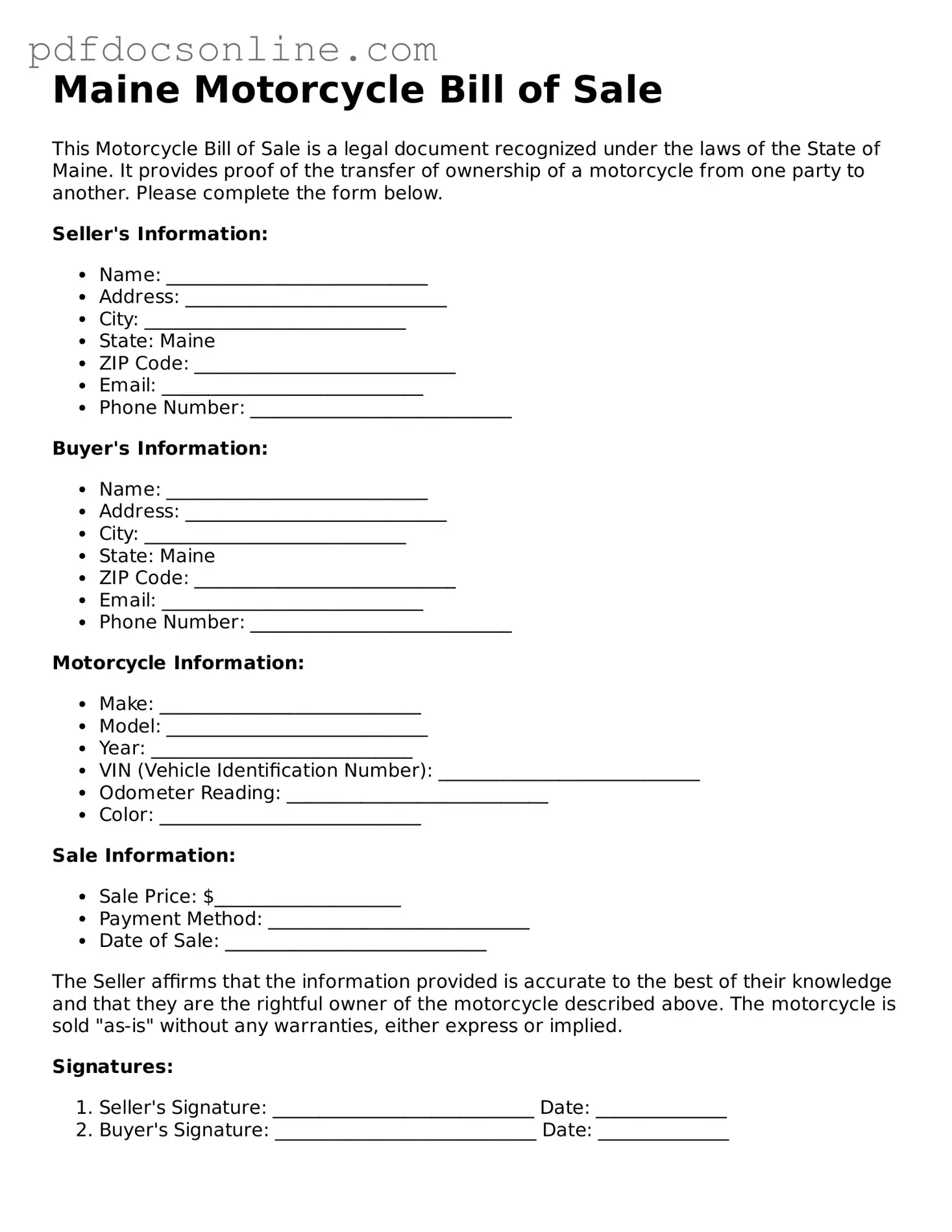 Attorney-Verified  Motorcycle Bill of Sale Form for Maine
