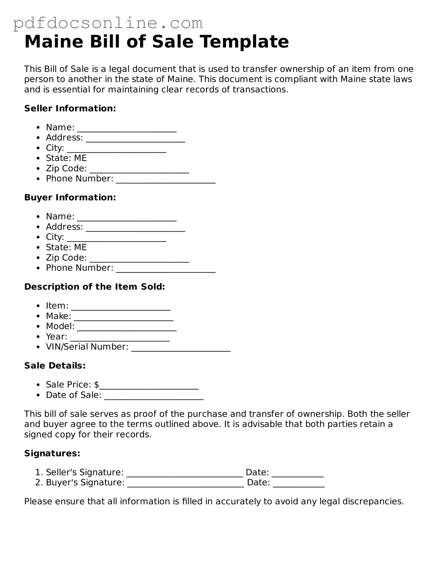 Attorney-Verified  Bill of Sale Form for Maine