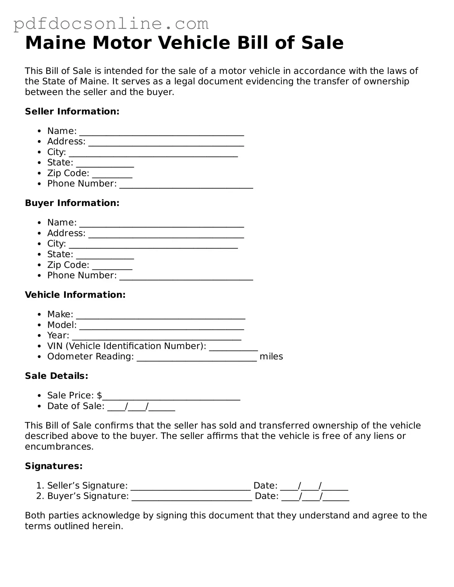 Attorney-Verified  Motor Vehicle Bill of Sale Form for Maine