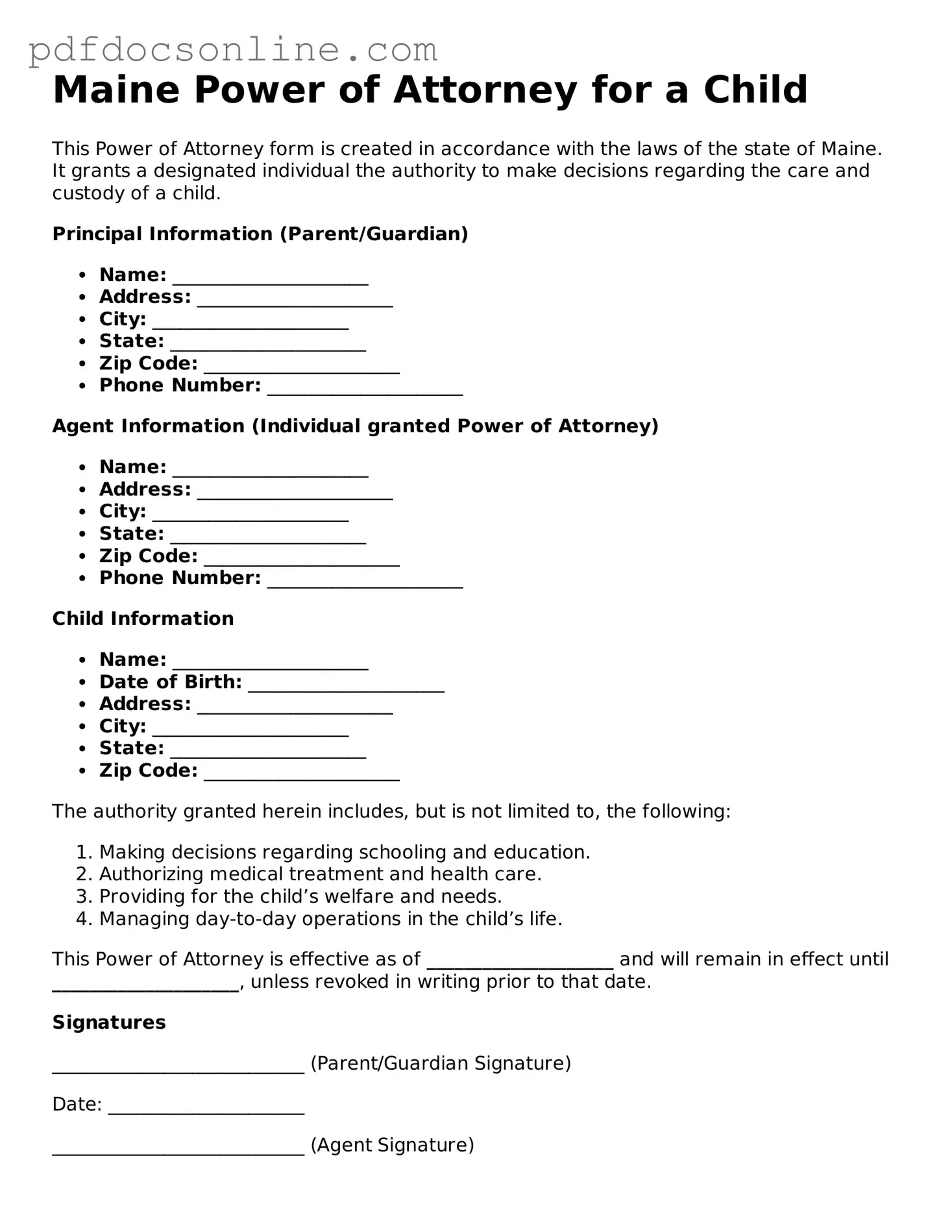 Attorney-Verified  Power of Attorney for a Child Form for Maine