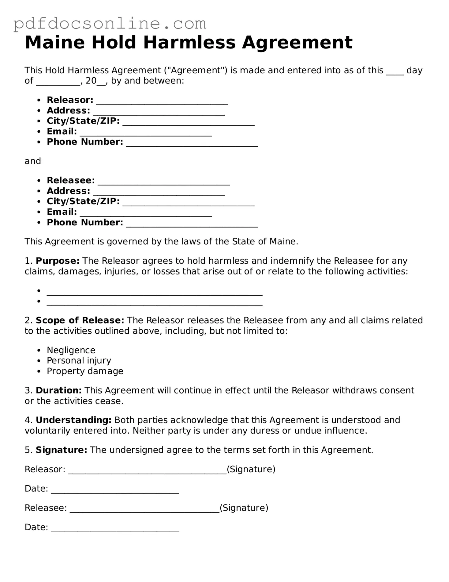 Attorney-Verified  Hold Harmless Agreement Form for Maine
