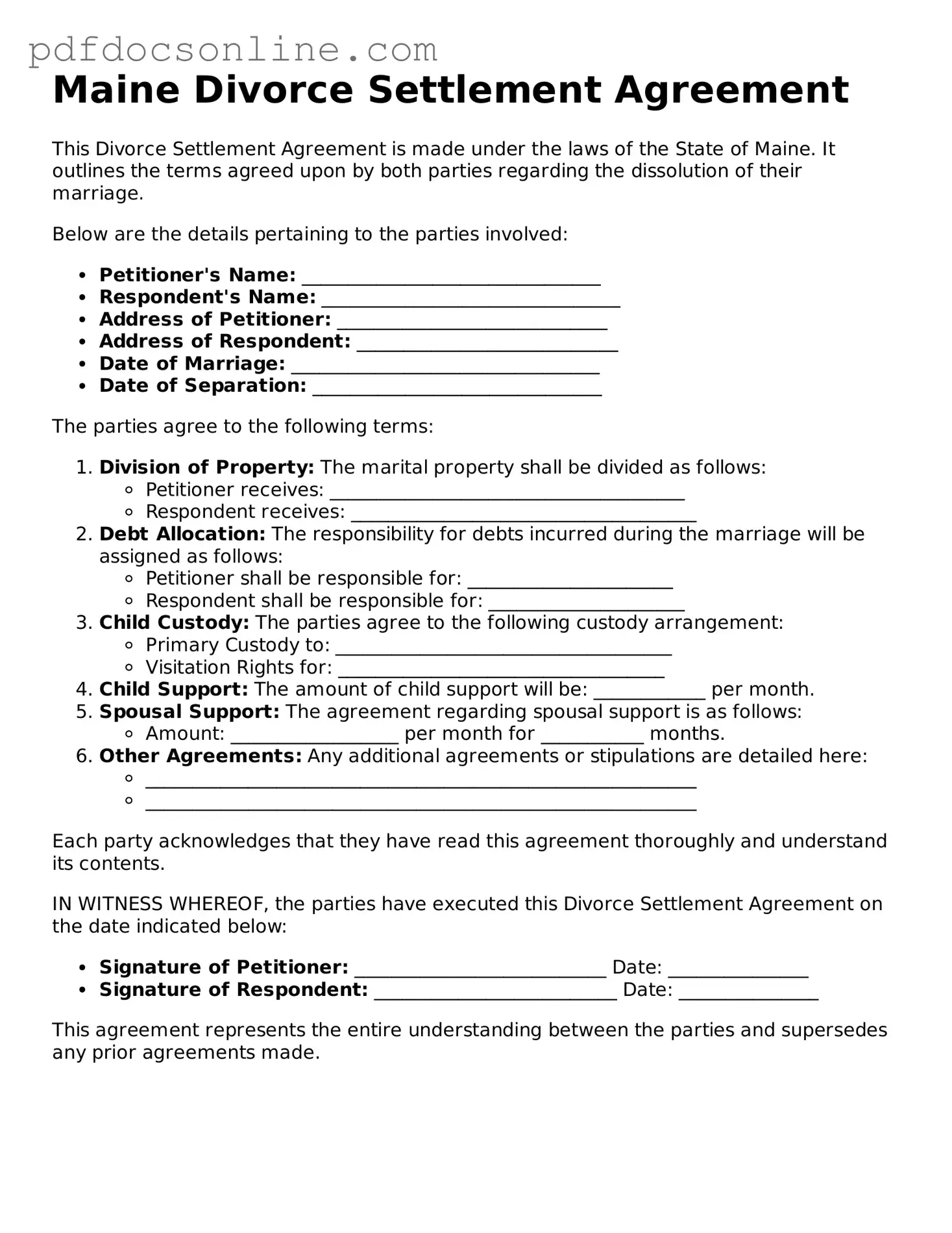 Attorney-Verified  Divorce Settlement Agreement Form for Maine