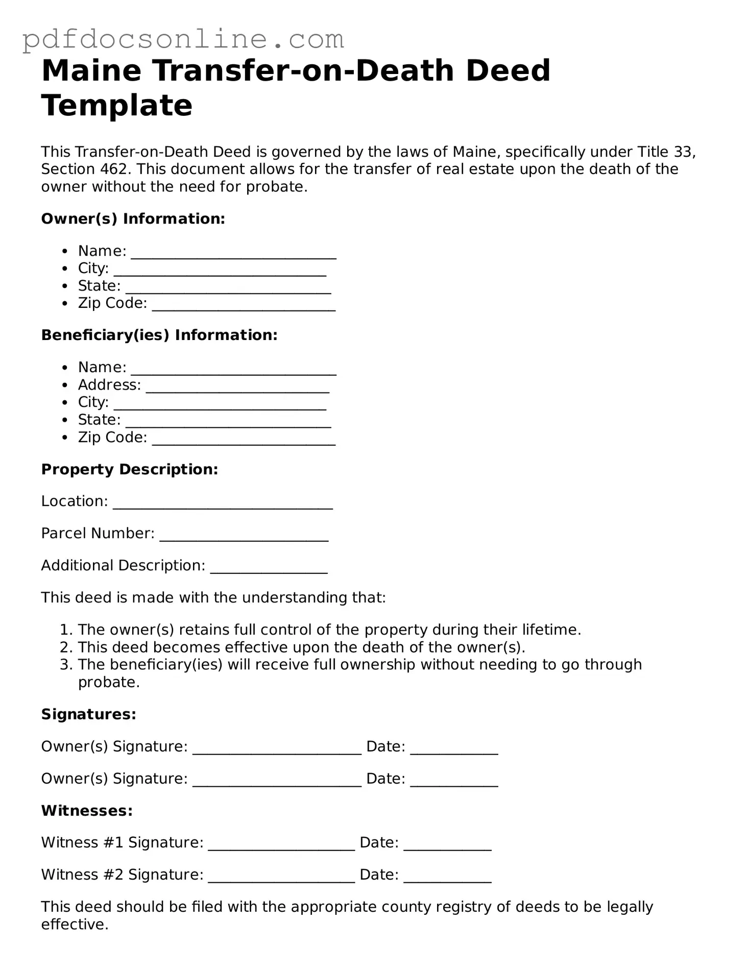 Attorney-Verified  Transfer-on-Death Deed Form for Maine