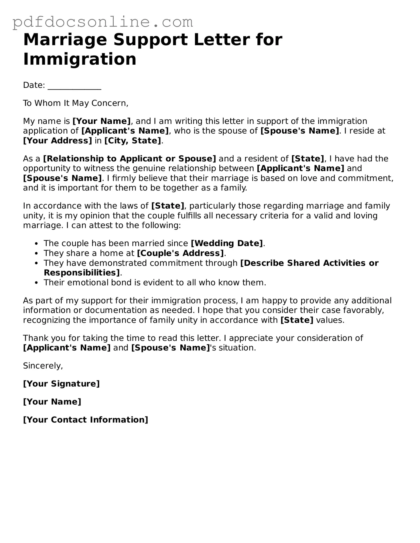 Free Marriage Support Letter for Immigration Template