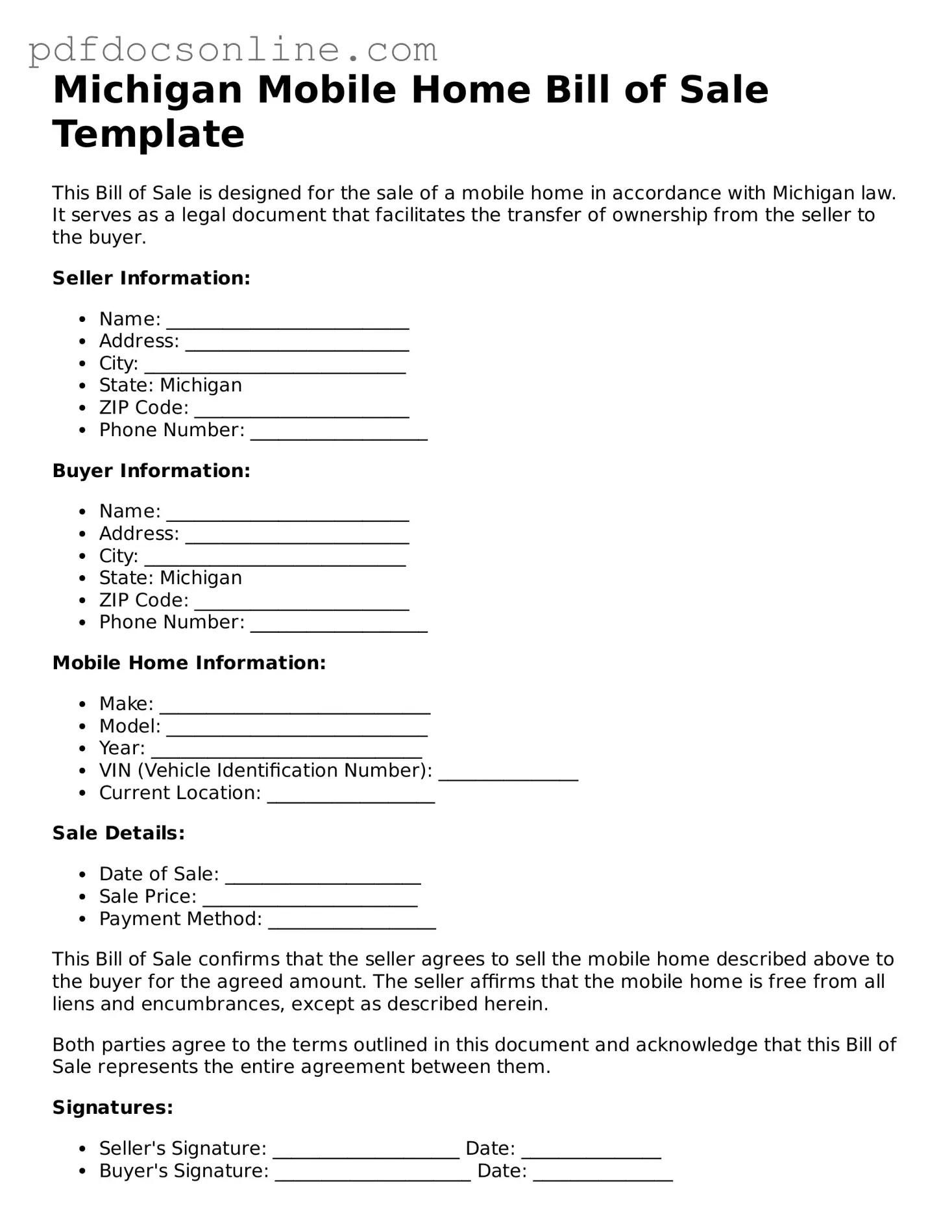 Attorney-Verified  Mobile Home Bill of Sale Form for Michigan