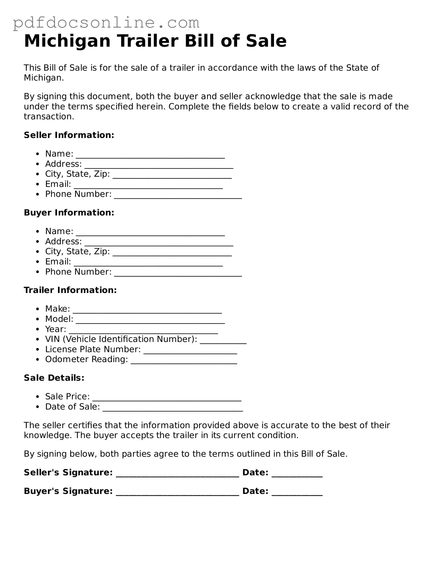 Attorney-Verified  Trailer Bill of Sale Form for Michigan