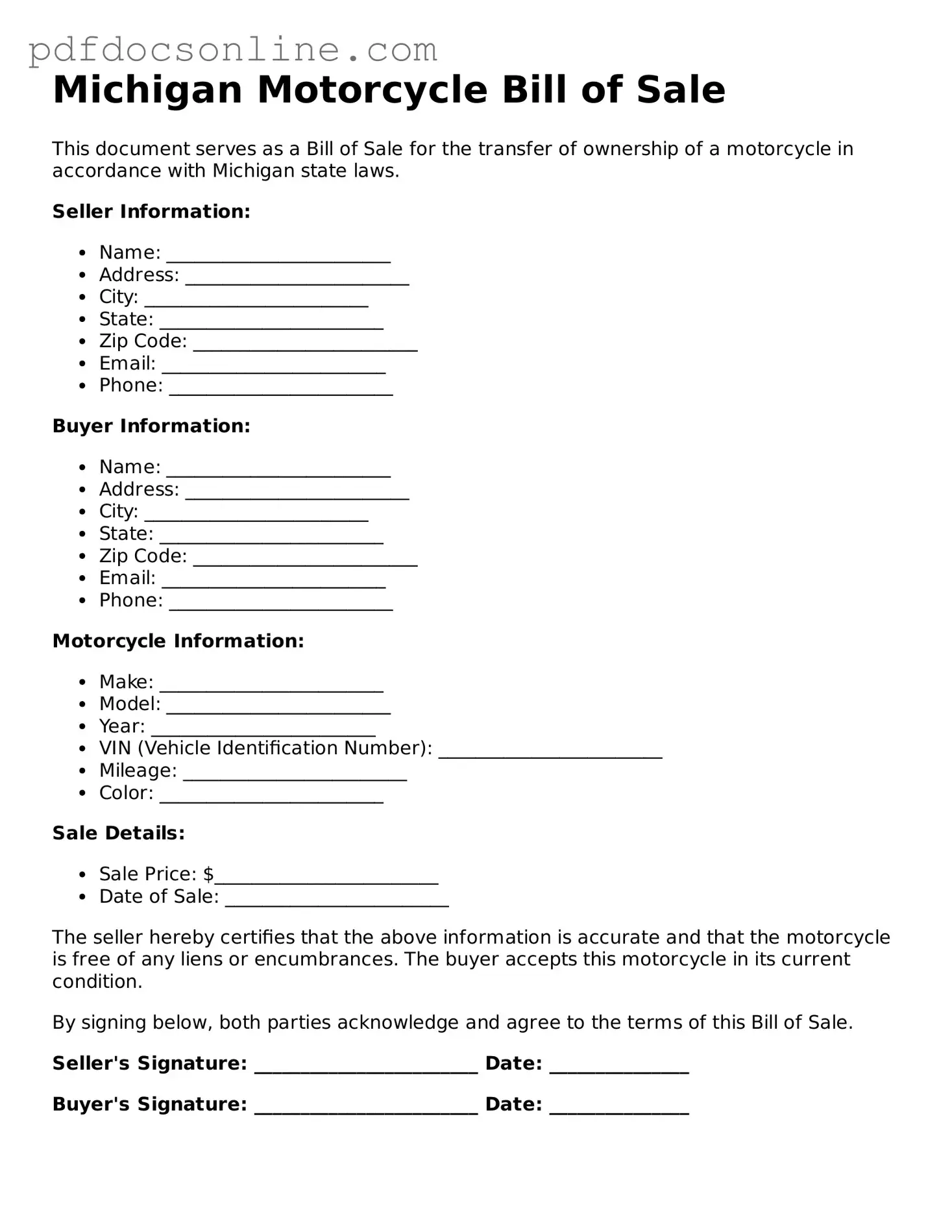 Attorney-Verified  Motorcycle Bill of Sale Form for Michigan