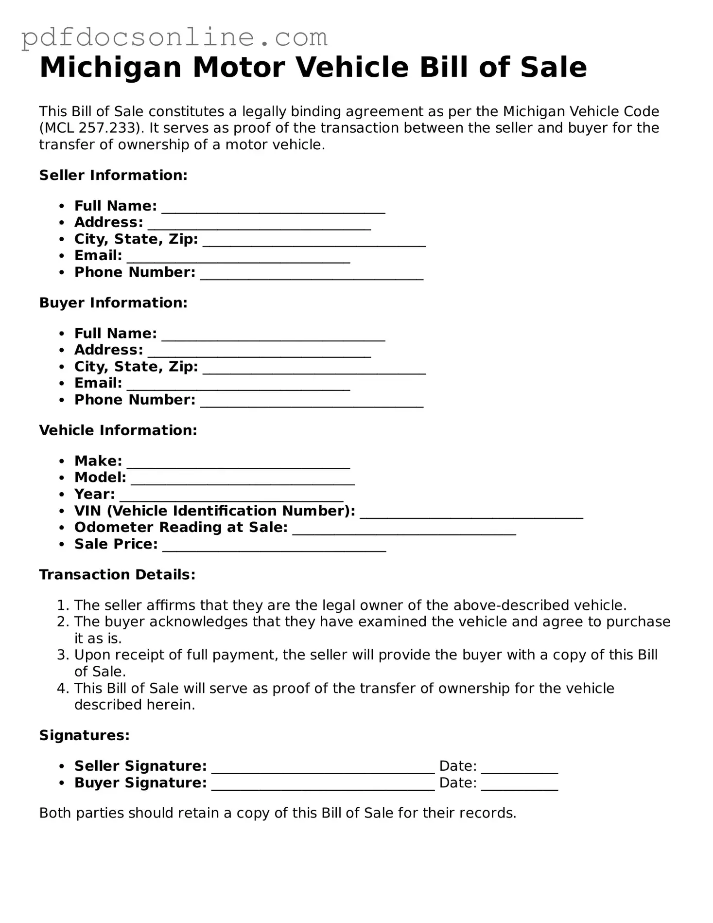 Attorney-Verified  Motor Vehicle Bill of Sale Form for Michigan