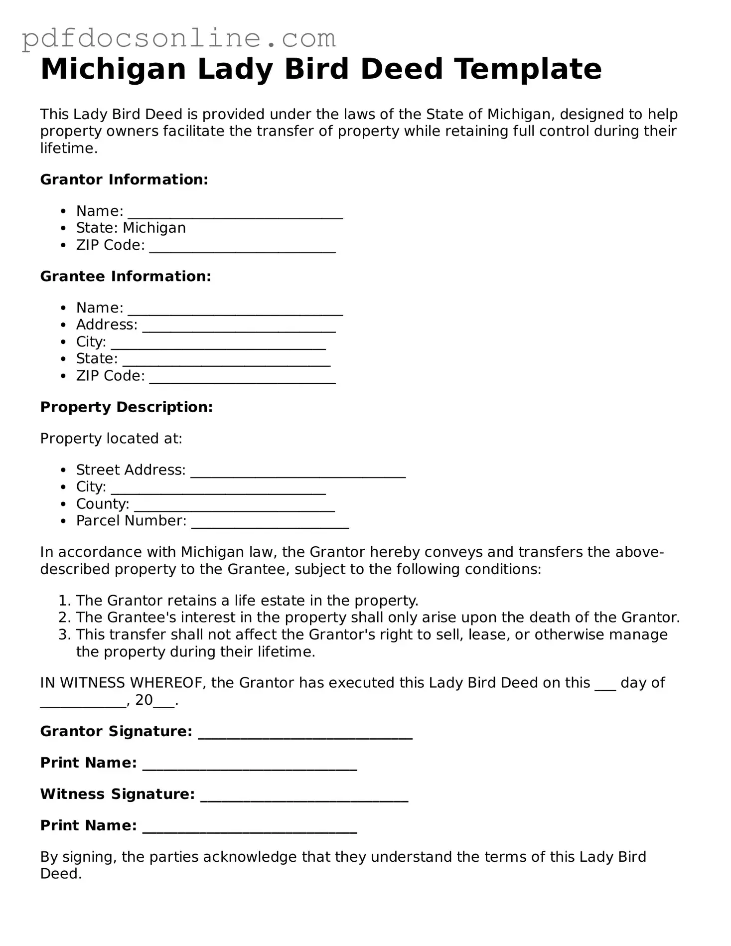 Attorney-Verified  Lady Bird Deed Form for Michigan