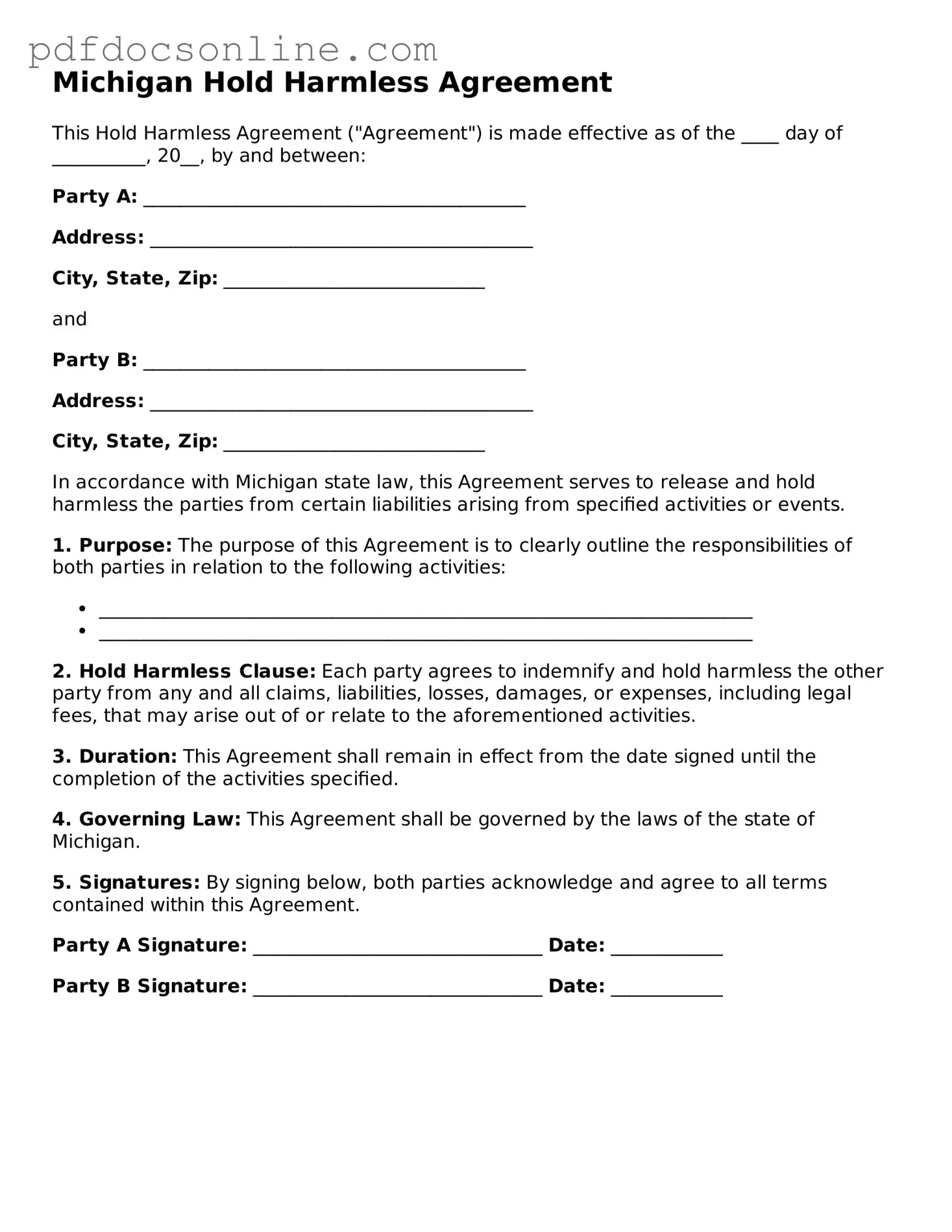 Attorney-Verified  Hold Harmless Agreement Form for Michigan