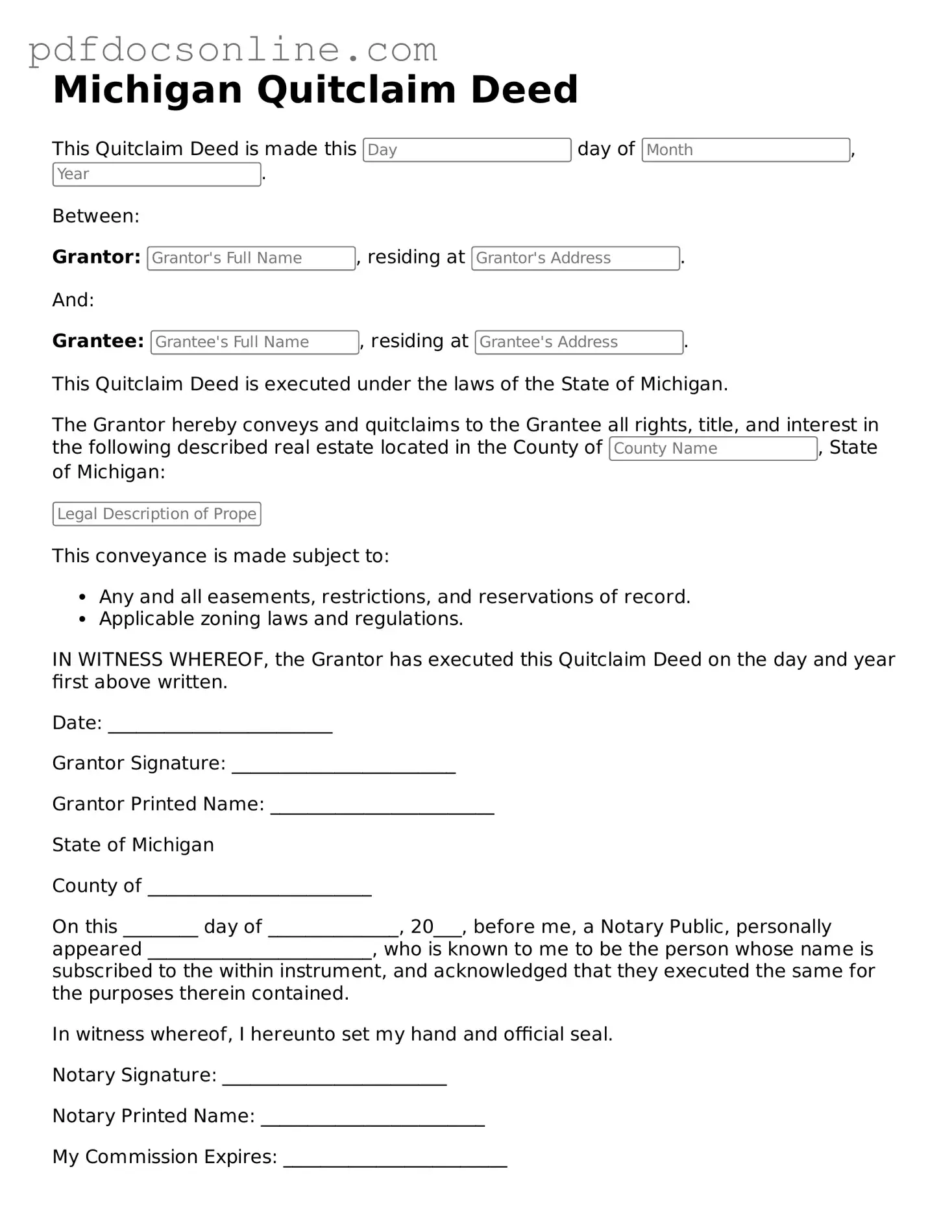Attorney-Verified  Quitclaim Deed Form for Michigan