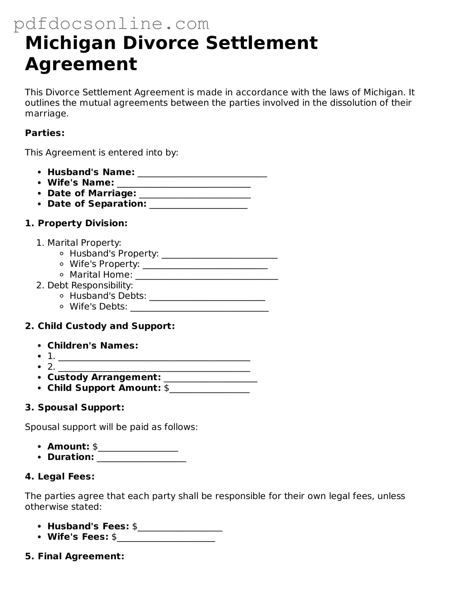 Attorney-Verified  Divorce Settlement Agreement Form for Michigan