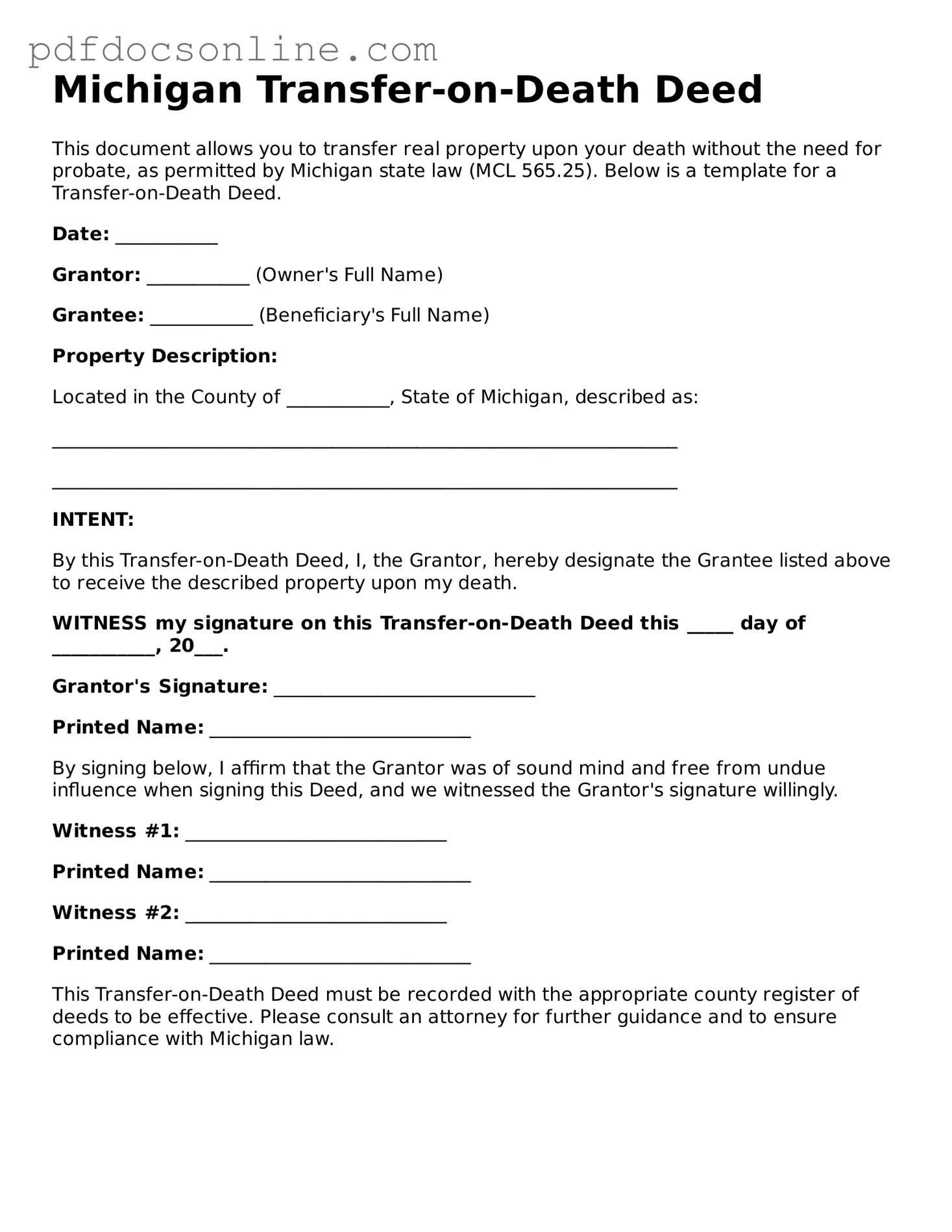 Attorney-Verified  Transfer-on-Death Deed Form for Michigan
